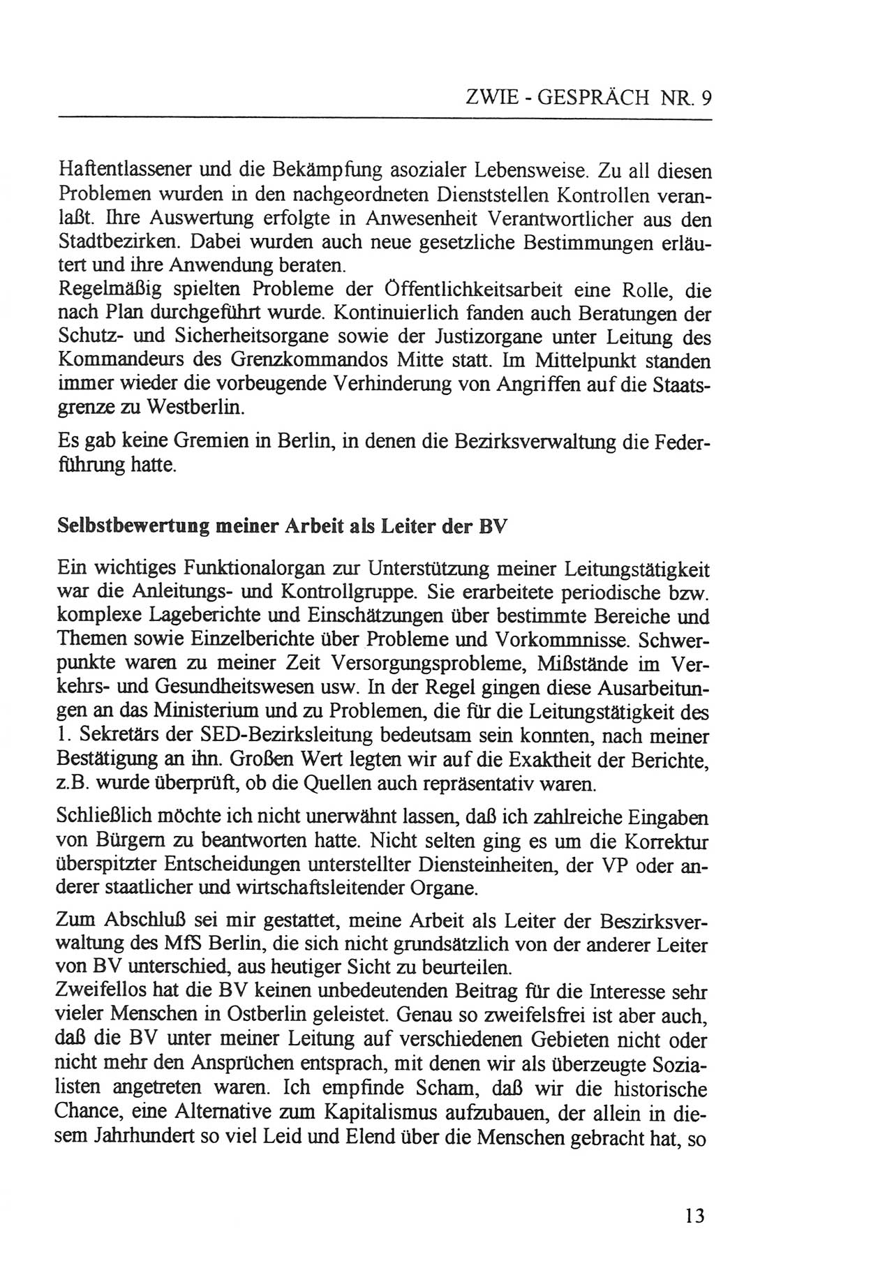 Zwie-Gespräch, Beiträge zur Aufarbeitung der Staatssicherheits-Vergangenheit [Deutsche Demokratische Republik (DDR)], Ausgabe Nr. 9, Berlin 1992, Seite 13 (Zwie-Gespr. Ausg. 9 1992, S. 13)