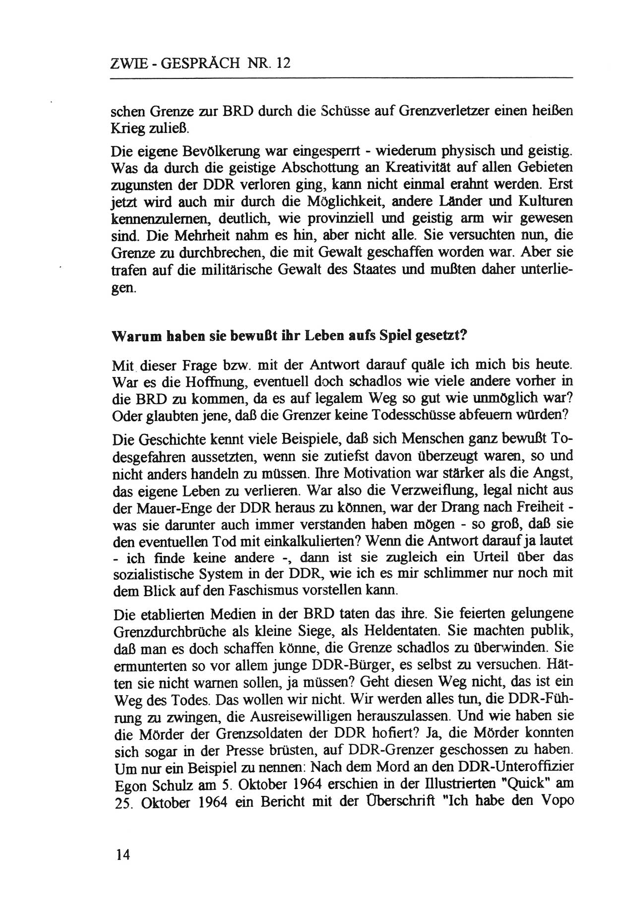 Zwie-Gespräch, Beiträge zur Aufarbeitung der Staatssicherheits-Vergangenheit [Deutsche Demokratische Republik (DDR)], Ausgabe Nr. 12, Berlin 1993, Seite 14 (Zwie-Gespr. Ausg. 12 1993, S. 14)