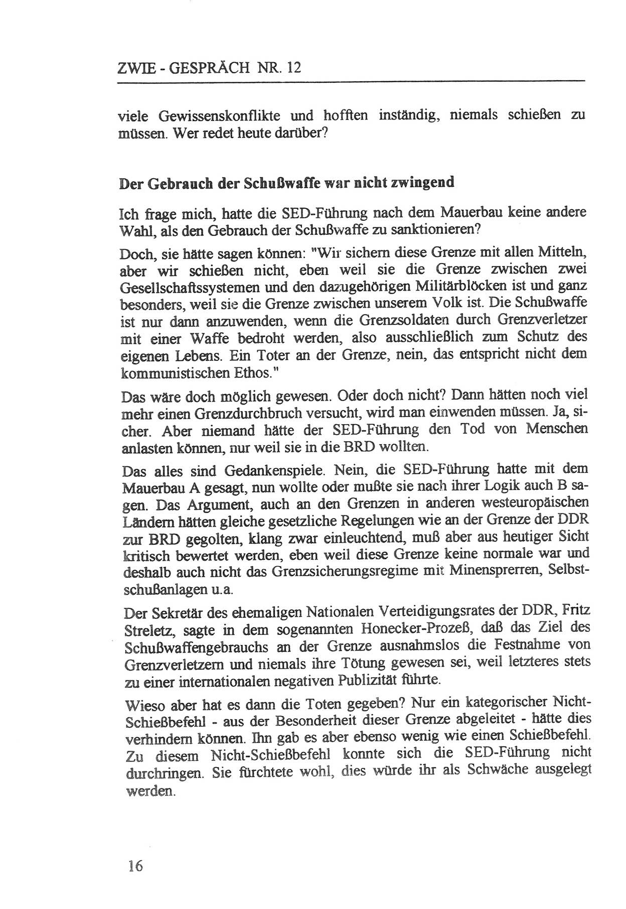 Zwie-Gespräch, Beiträge zur Aufarbeitung der Staatssicherheits-Vergangenheit [Deutsche Demokratische Republik (DDR)], Ausgabe Nr. 12, Berlin 1993, Seite 16 (Zwie-Gespr. Ausg. 12 1993, S. 16)