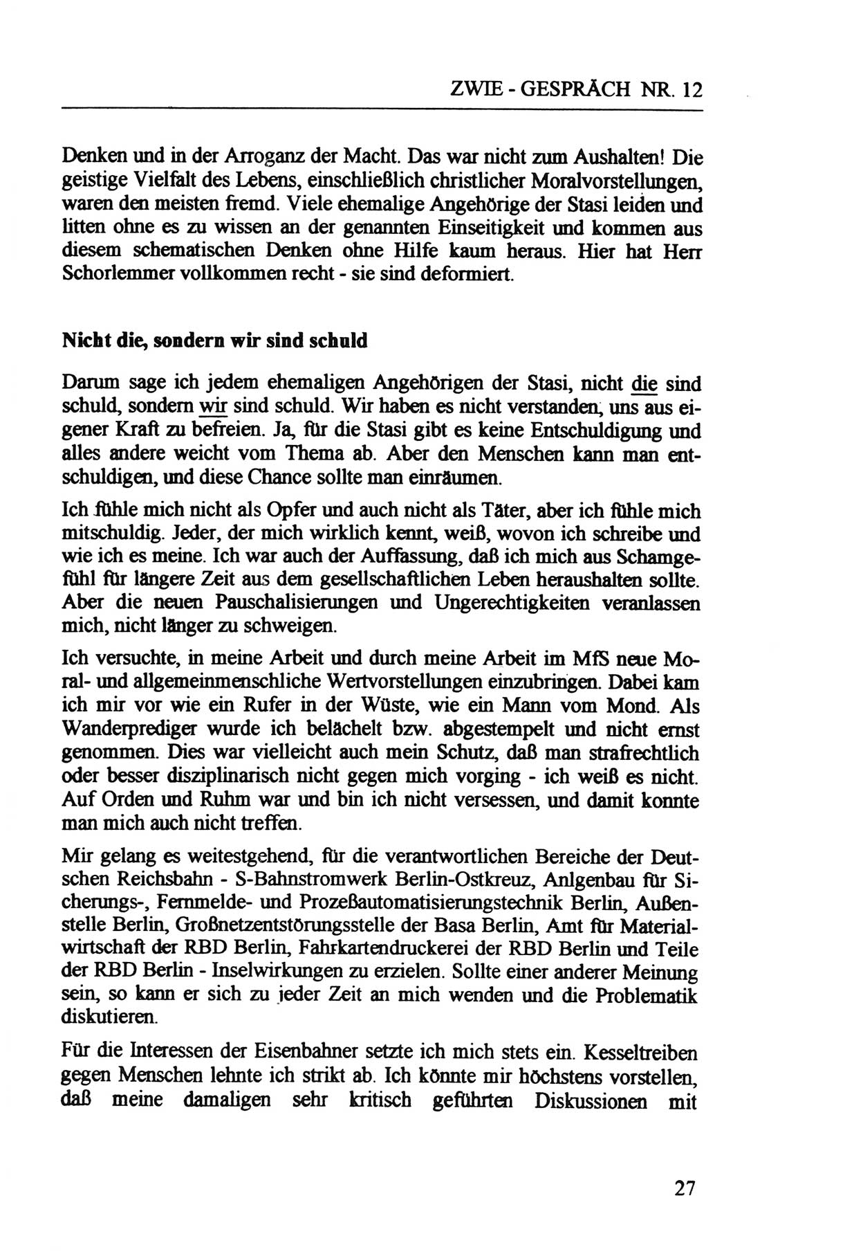 Zwie-Gespräch, Beiträge zur Aufarbeitung der Staatssicherheits-Vergangenheit [Deutsche Demokratische Republik (DDR)], Ausgabe Nr. 12, Berlin 1993, Seite 27 (Zwie-Gespr. Ausg. 12 1993, S. 27)