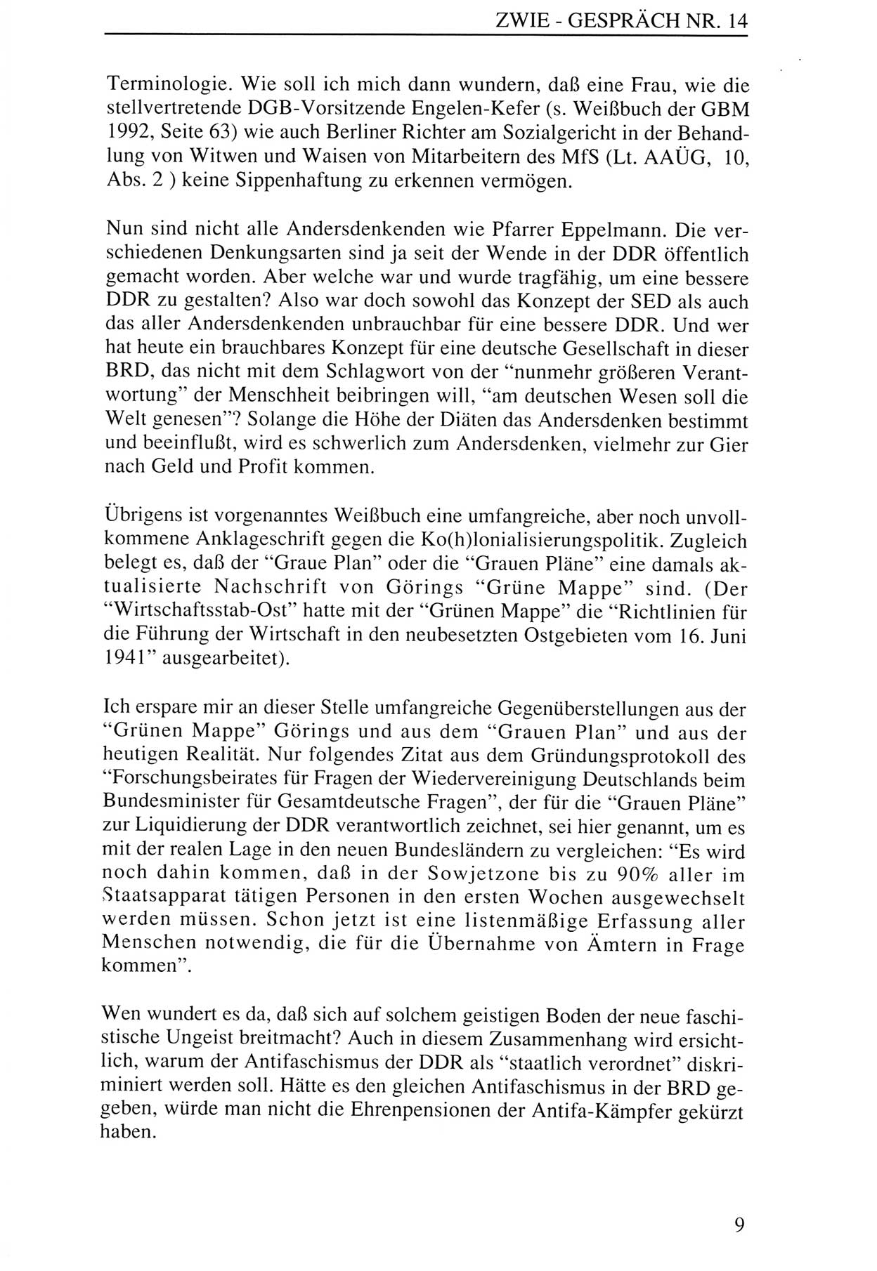Zwie-Gespräch, Beiträge zur Aufarbeitung der Staatssicherheits-Vergangenheit [Deutsche Demokratische Republik (DDR)], Ausgabe Nr. 14, Berlin 1993, Seite 9 (Zwie-Gespr. Ausg. 14 1993, S. 9)