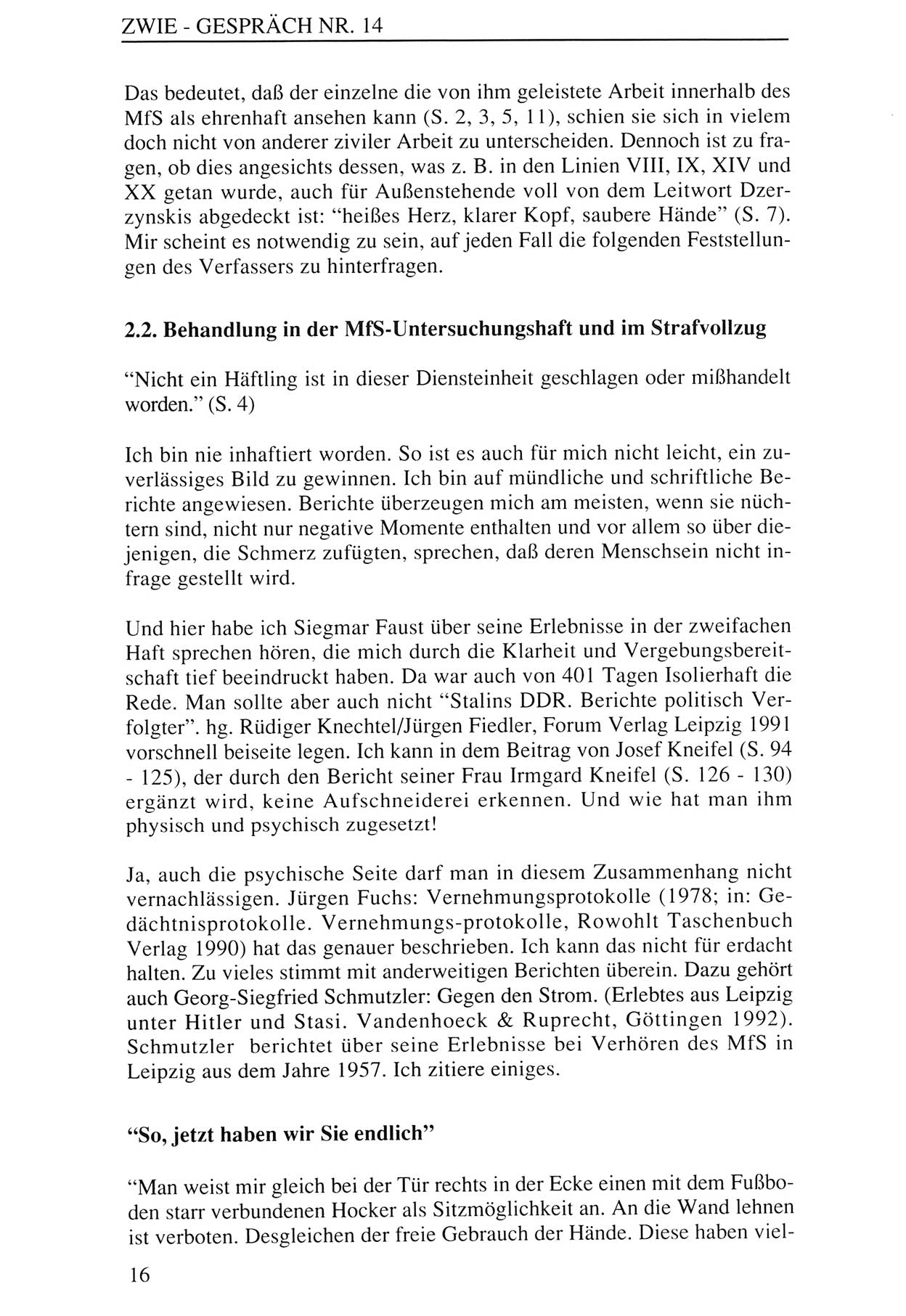 Zwie-Gespräch, Beiträge zur Aufarbeitung der Staatssicherheits-Vergangenheit [Deutsche Demokratische Republik (DDR)], Ausgabe Nr. 14, Berlin 1993, Seite 16 (Zwie-Gespr. Ausg. 14 1993, S. 16)