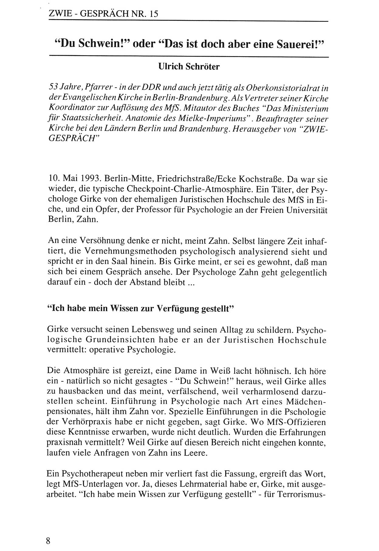 Zwie-Gespräch, Beiträge zur Aufarbeitung der Staatssicherheits-Vergangenheit [Deutsche Demokratische Republik (DDR)], Ausgabe Nr. 15, Berlin 1993, Seite 8 (Zwie-Gespr. Ausg. 15 1993, S. 8)