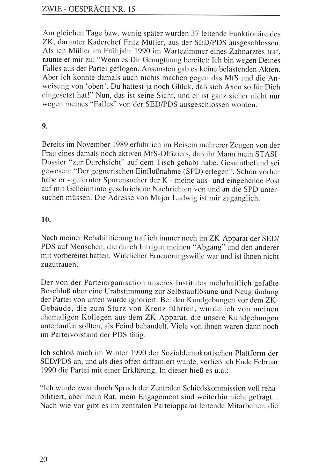 Zwie-Gespräch, Beiträge zur Aufarbeitung der Staatssicherheits-Vergangenheit [Deutsche Demokratische Republik (DDR)], Ausgabe Nr. 15, Berlin 1993, Seite 20 (Zwie-Gespr. Ausg. 15 1993, S. 20)