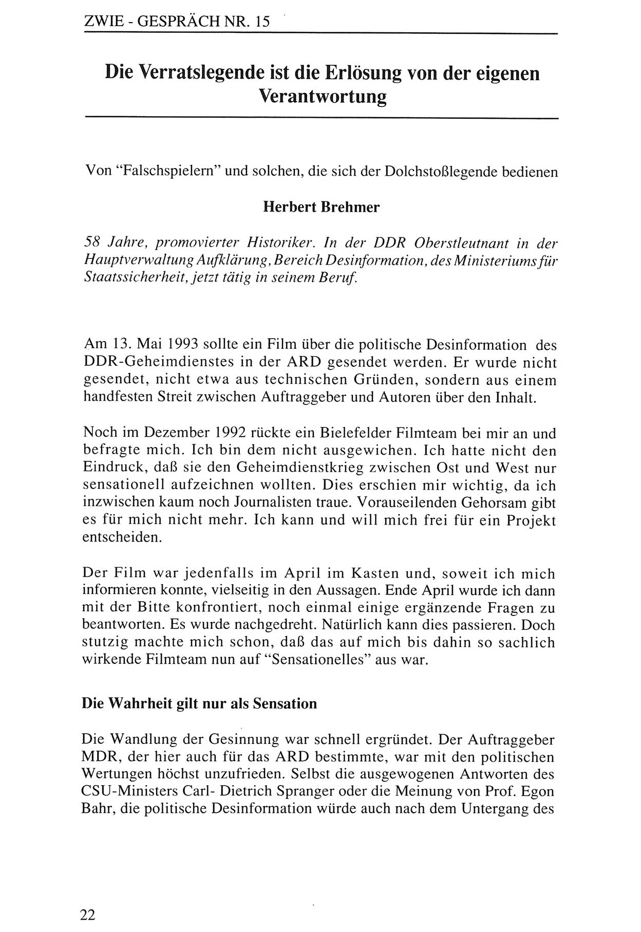 Zwie-Gespräch, Beiträge zur Aufarbeitung der Staatssicherheits-Vergangenheit [Deutsche Demokratische Republik (DDR)], Ausgabe Nr. 15, Berlin 1993, Seite 22 (Zwie-Gespr. Ausg. 15 1993, S. 22)