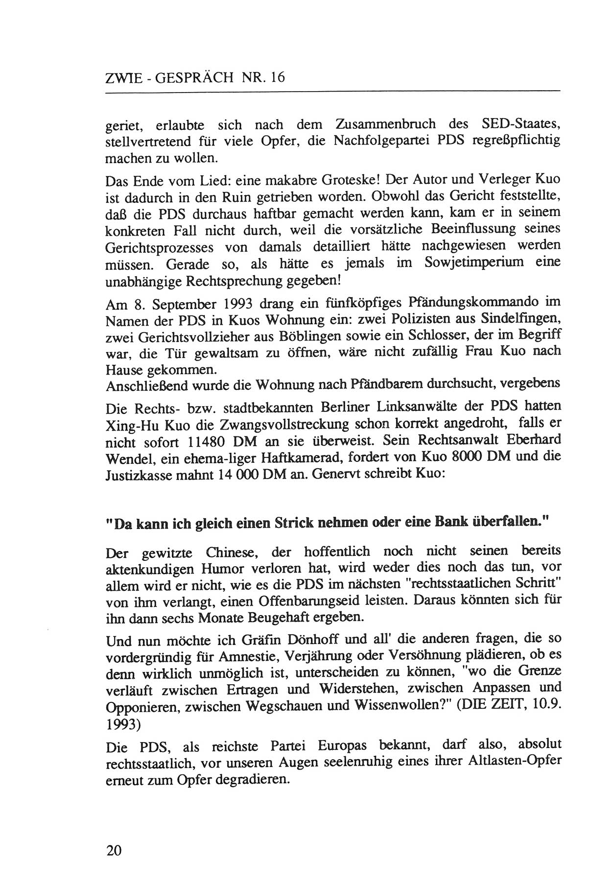 Zwie-Gespräch, Beiträge zur Aufarbeitung der Staatssicherheits-Vergangenheit [Deutsche Demokratische Republik (DDR)], Ausgabe Nr. 16, Berlin 1993, Seite 20 (Zwie-Gespr. Ausg. 16 1993, S. 20)