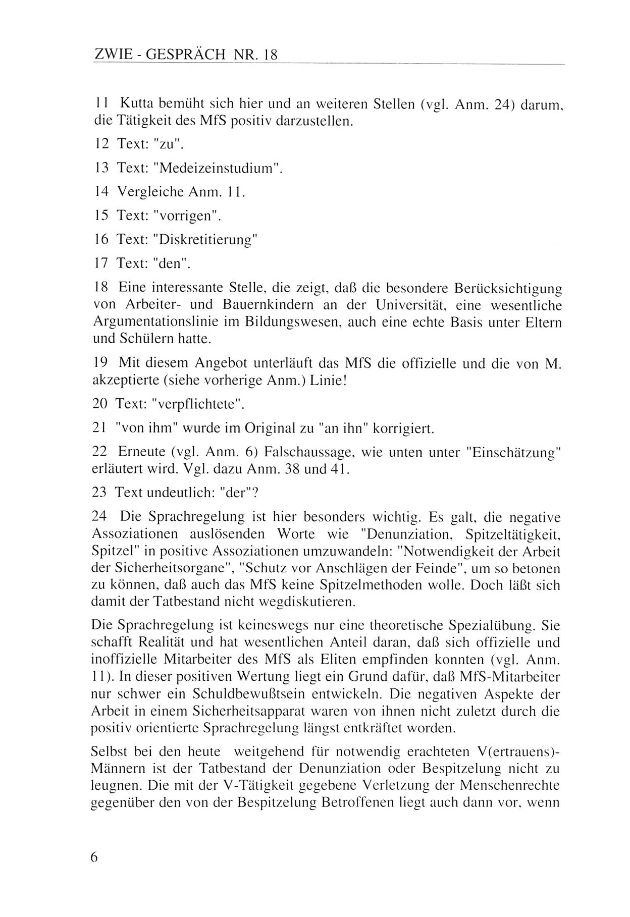 Zwie-Gespräch, Beiträge zur Aufarbeitung der Staatssicherheits-Vergangenheit [Deutsche Demokratische Republik (DDR)], Ausgabe Nr. 18, Berlin 1993, Seite 6 (Zwie-Gespr. Ausg. 18 1993, S. 6)