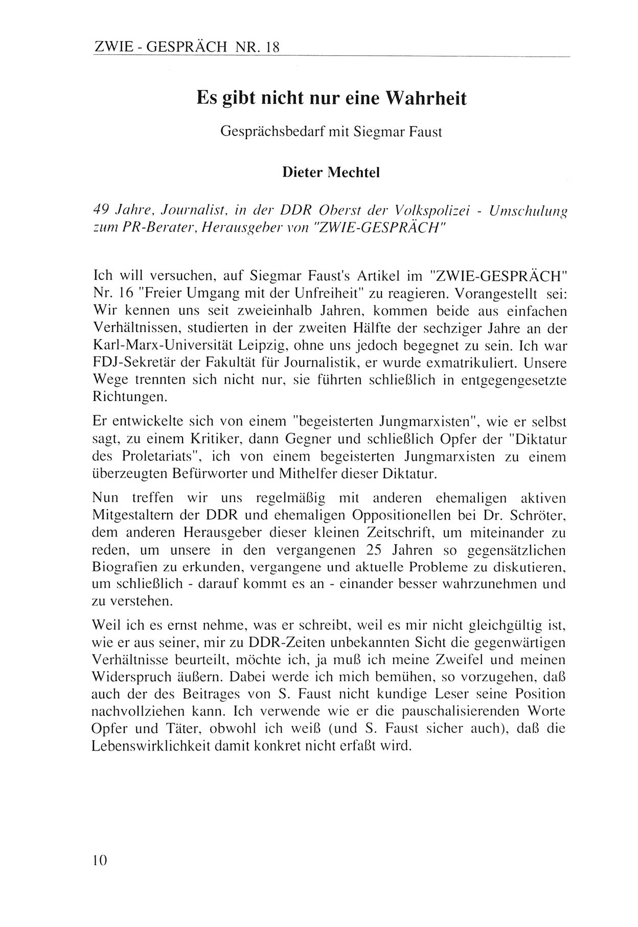 Zwie-Gespräch, Beiträge zur Aufarbeitung der Staatssicherheits-Vergangenheit [Deutsche Demokratische Republik (DDR)], Ausgabe Nr. 18, Berlin 1993, Seite 10 (Zwie-Gespr. Ausg. 18 1993, S. 10)