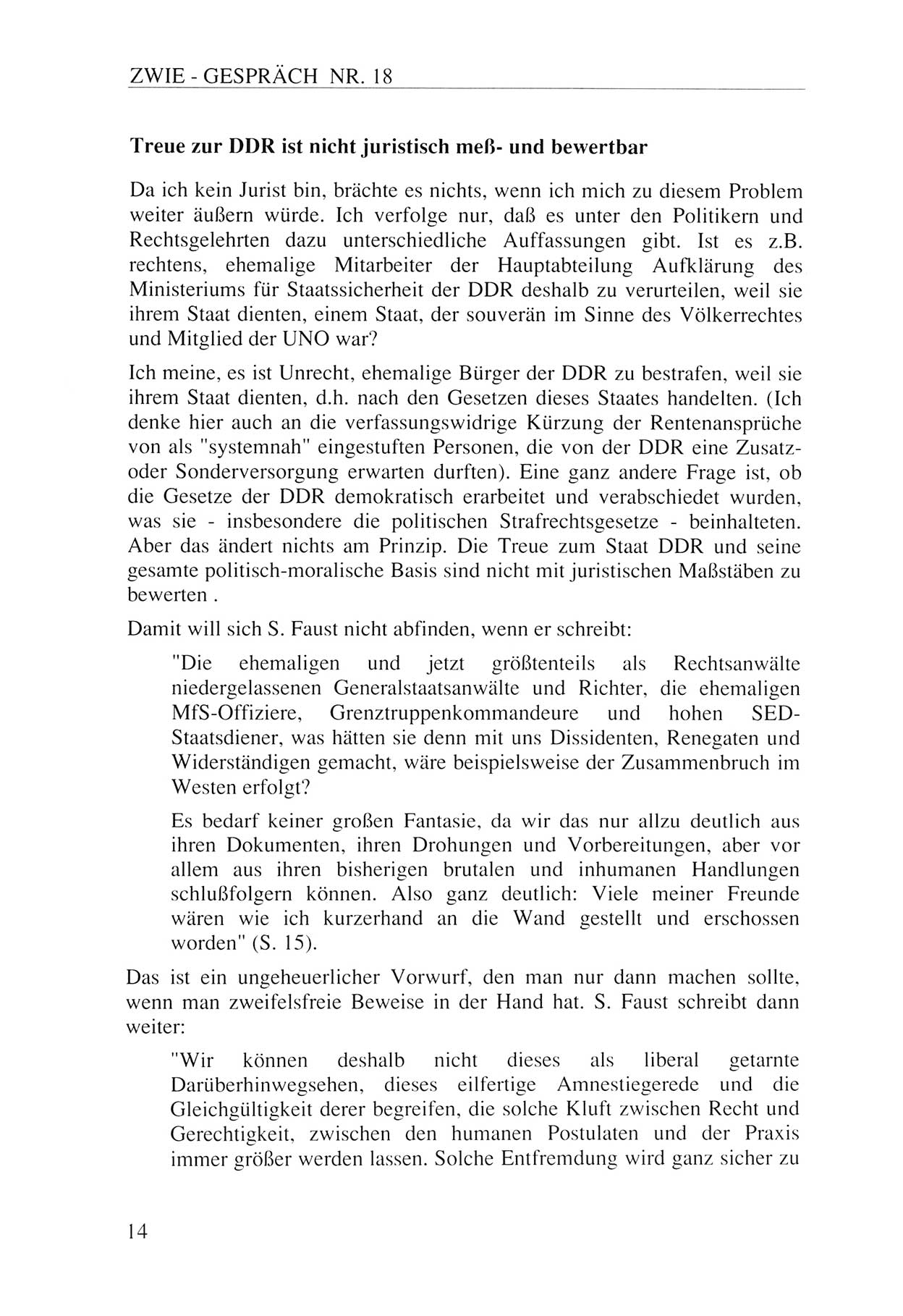 Zwie-Gespräch, Beiträge zur Aufarbeitung der Staatssicherheits-Vergangenheit [Deutsche Demokratische Republik (DDR)], Ausgabe Nr. 18, Berlin 1993, Seite 14 (Zwie-Gespr. Ausg. 18 1993, S. 14)