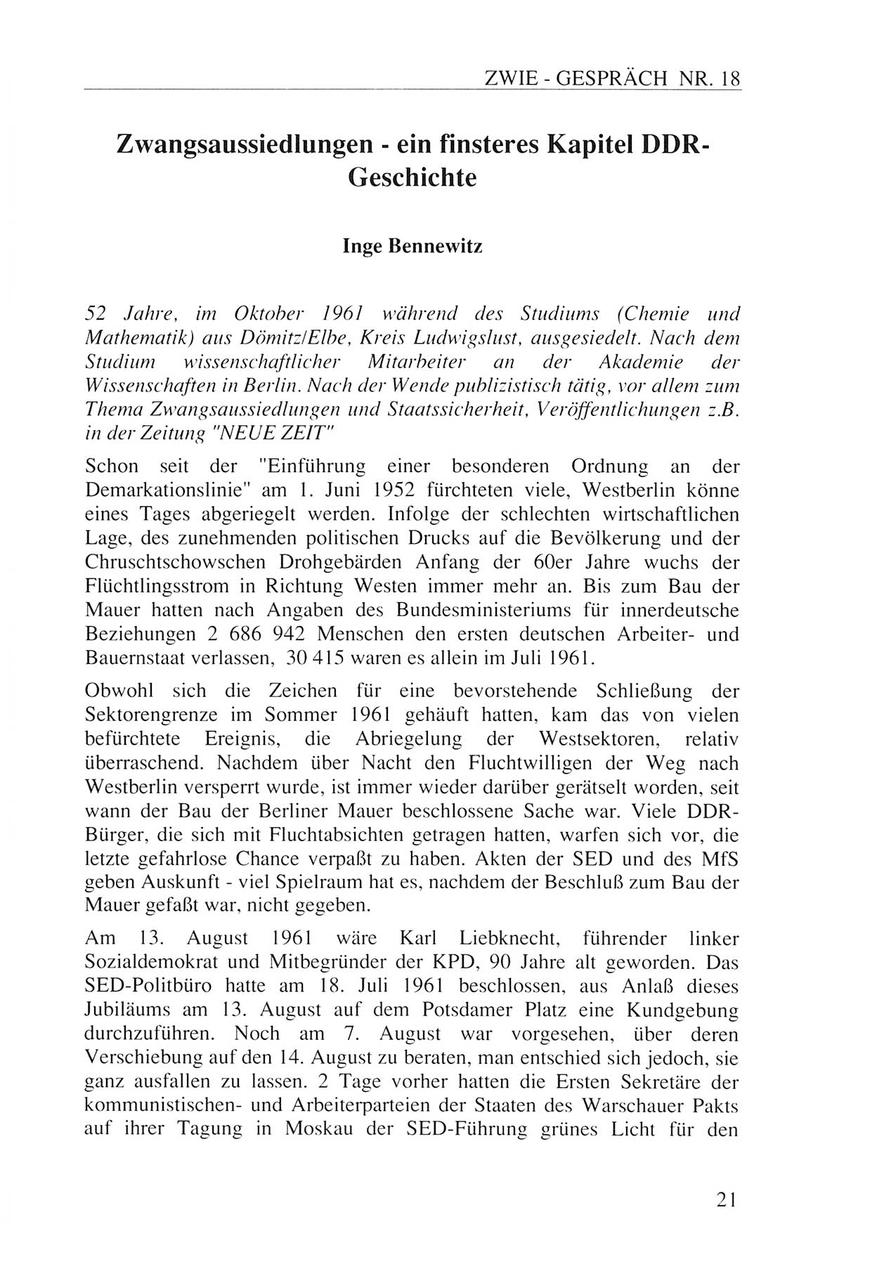 Zwie-Gespräch, Beiträge zur Aufarbeitung der Staatssicherheits-Vergangenheit [Deutsche Demokratische Republik (DDR)], Ausgabe Nr. 18, Berlin 1993, Seite 21 (Zwie-Gespr. Ausg. 18 1993, S. 21)