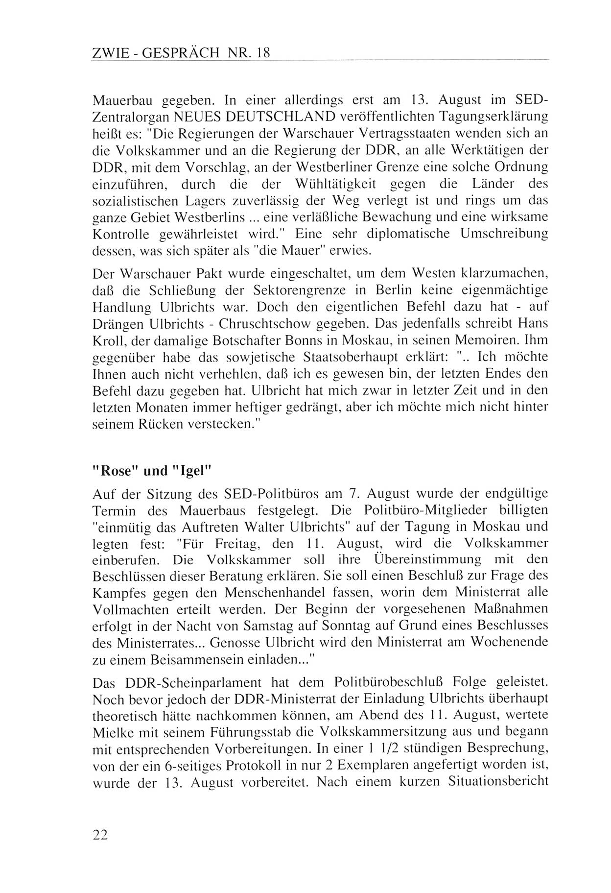 Zwie-Gespräch, Beiträge zur Aufarbeitung der Staatssicherheits-Vergangenheit [Deutsche Demokratische Republik (DDR)], Ausgabe Nr. 18, Berlin 1993, Seite 22 (Zwie-Gespr. Ausg. 18 1993, S. 22)