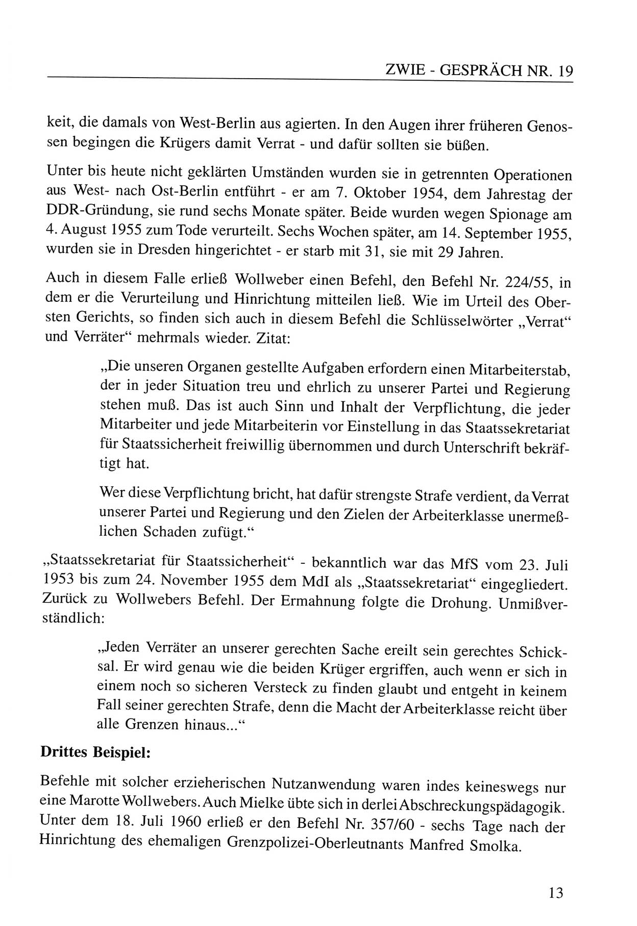 Zwie-Gespräch, Beiträge zum Umgang mit der Staatssicherheits-Vergangenheit [Deutsche Demokratische Republik (DDR)], Ausgabe Nr. 19, Berlin 1994, Seite 13 (Zwie-Gespr. Ausg. 19 1994, S. 13)