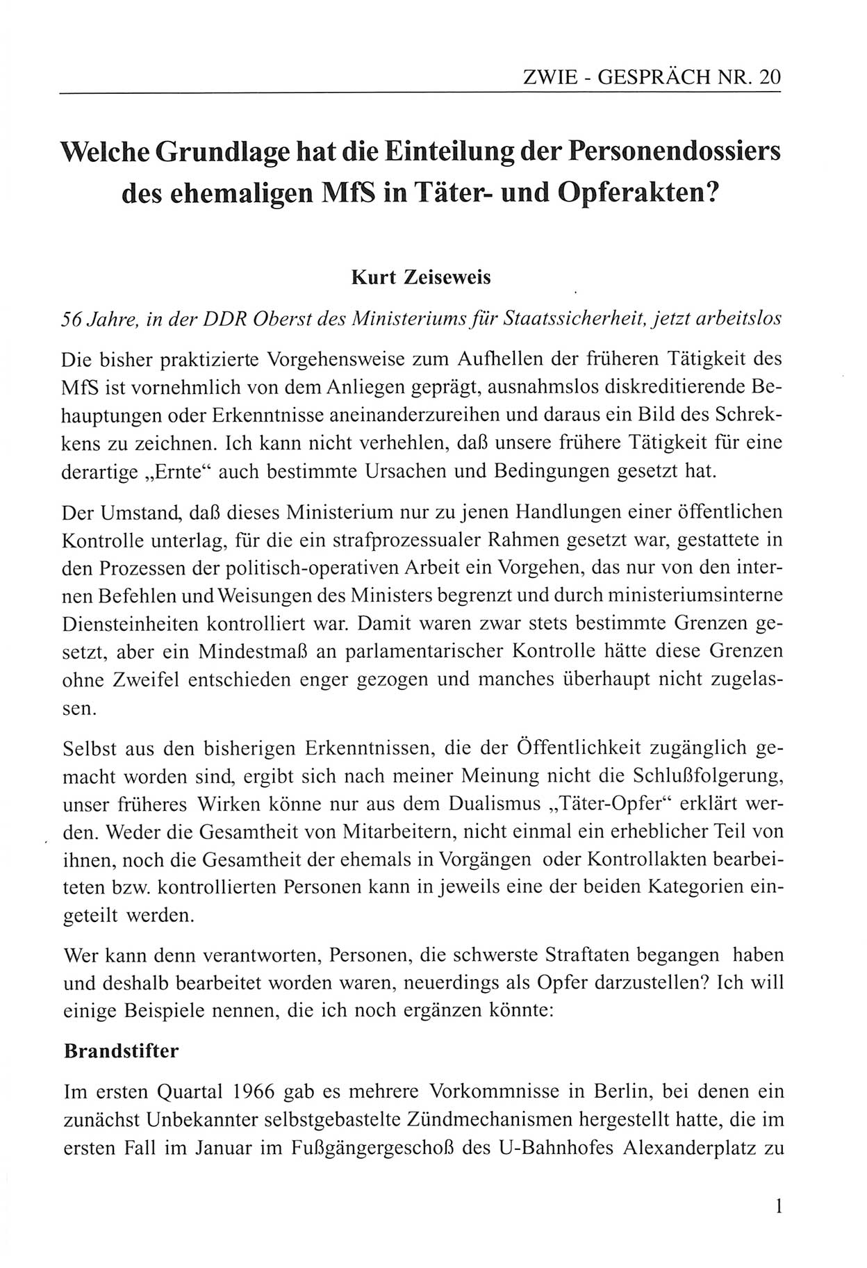 Zwie-Gespräch, Beiträge zum Umgang mit der Staatssicherheits-Vergangenheit [Deutsche Demokratische Republik (DDR)], Ausgabe Nr. 20, Berlin 1994, Seite 1 (Zwie-Gespr. Ausg. 20 1994, S. 1)