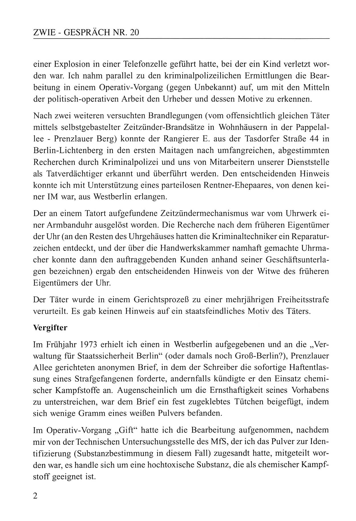 Zwie-Gespräch, Beiträge zum Umgang mit der Staatssicherheits-Vergangenheit [Deutsche Demokratische Republik (DDR)], Ausgabe Nr. 20, Berlin 1994, Seite 2 (Zwie-Gespr. Ausg. 20 1994, S. 2)