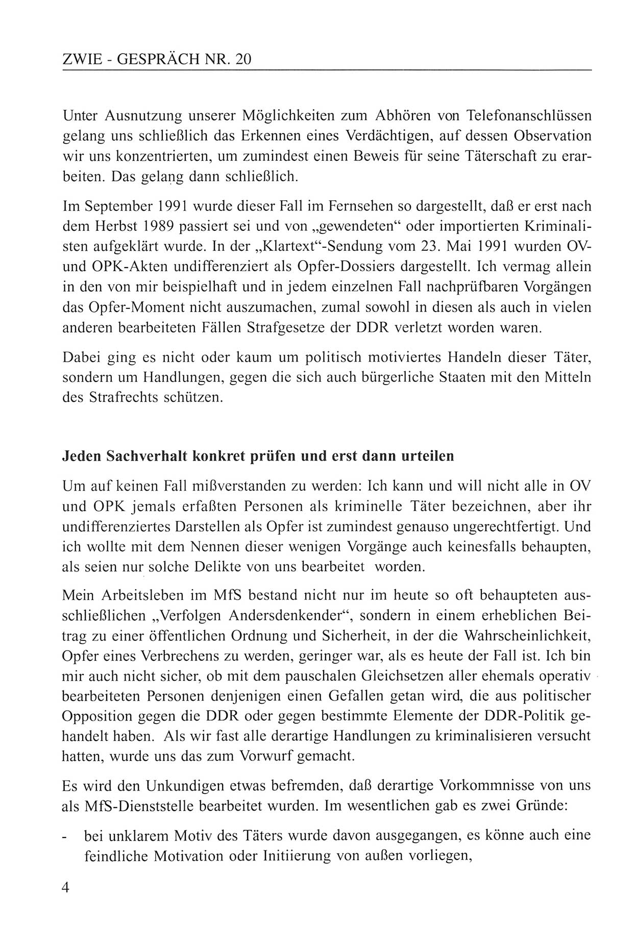 Zwie-Gespräch, Beiträge zum Umgang mit der Staatssicherheits-Vergangenheit [Deutsche Demokratische Republik (DDR)], Ausgabe Nr. 20, Berlin 1994, Seite 4 (Zwie-Gespr. Ausg. 20 1994, S. 4)