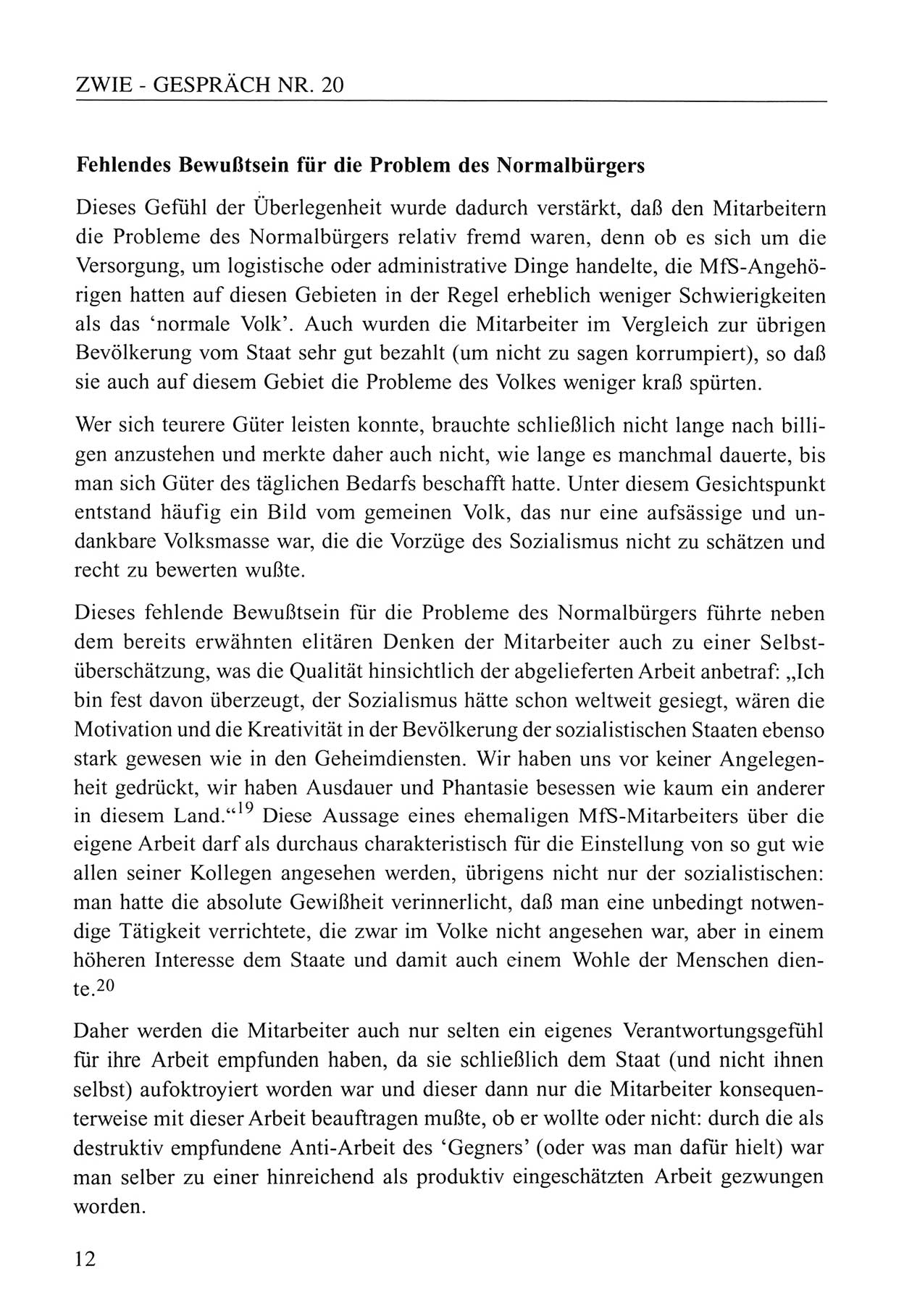Zwie-Gespräch, Beiträge zum Umgang mit der Staatssicherheits-Vergangenheit [Deutsche Demokratische Republik (DDR)], Ausgabe Nr. 20, Berlin 1994, Seite 12 (Zwie-Gespr. Ausg. 20 1994, S. 12)