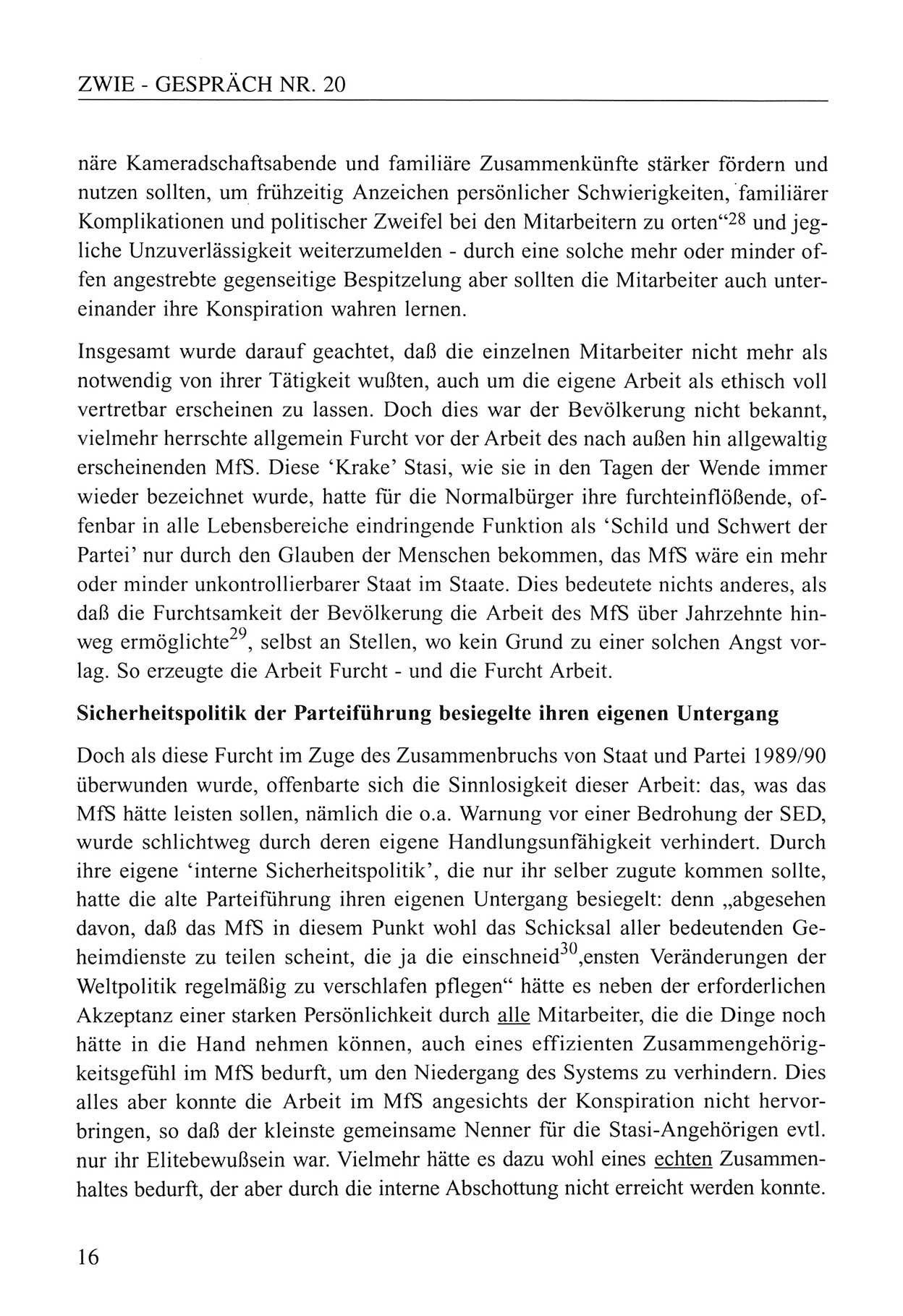 Zwie-Gespräch, Beiträge zum Umgang mit der Staatssicherheits-Vergangenheit [Deutsche Demokratische Republik (DDR)], Ausgabe Nr. 20, Berlin 1994, Seite 16 (Zwie-Gespr. Ausg. 20 1994, S. 16)
