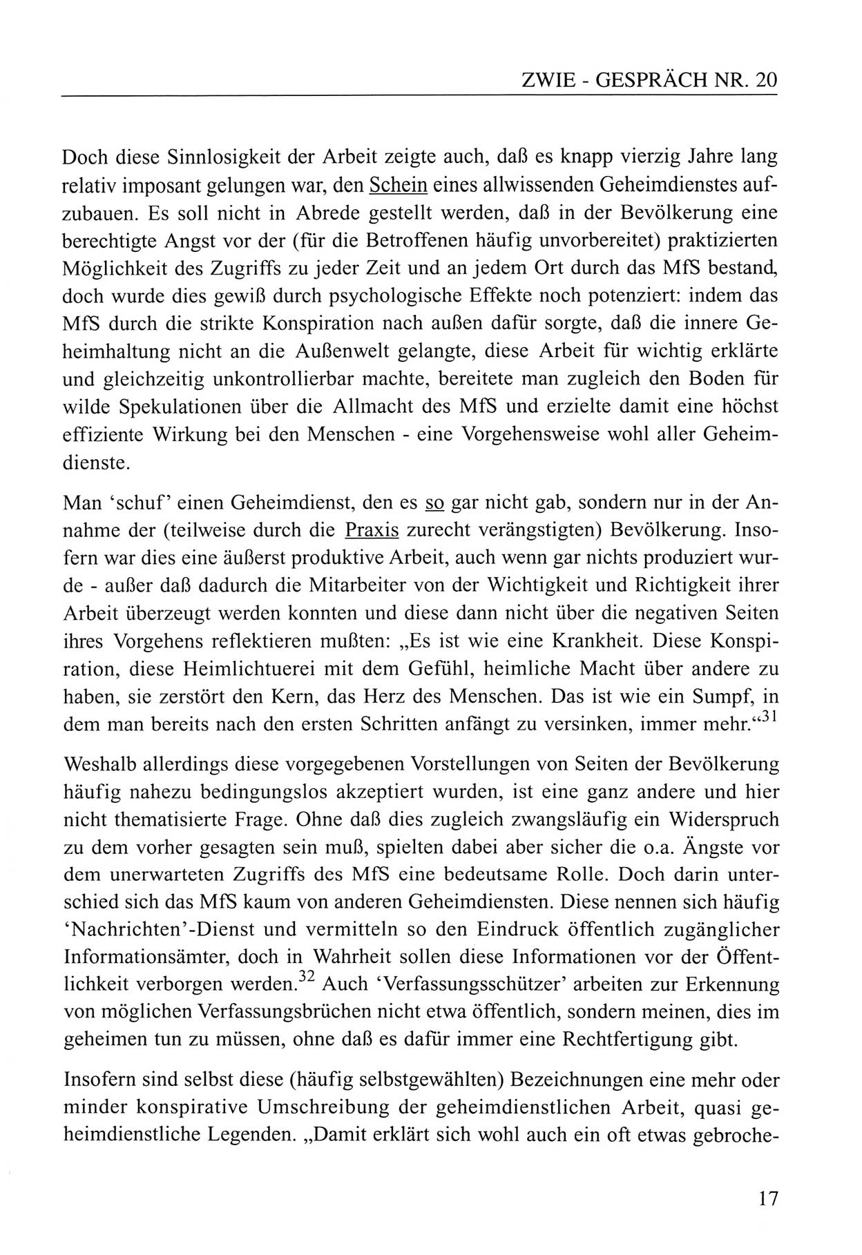 Zwie-Gespräch, Beiträge zum Umgang mit der Staatssicherheits-Vergangenheit [Deutsche Demokratische Republik (DDR)], Ausgabe Nr. 20, Berlin 1994, Seite 17 (Zwie-Gespr. Ausg. 20 1994, S. 17)