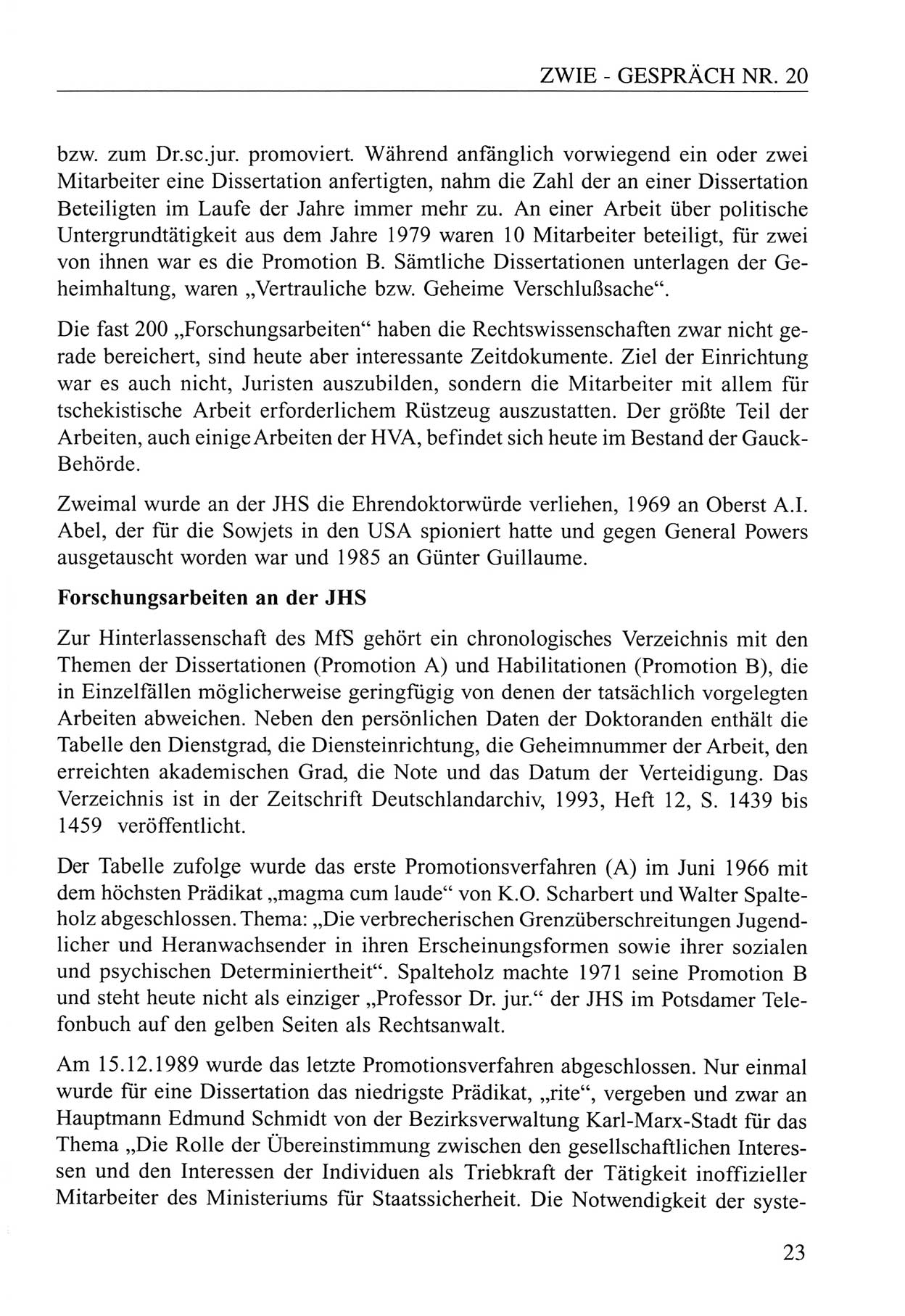 Zwie-GesprÃ¤ch, BeitrÃ¤ge zum Umgang mit der Staatssicherheits-Vergangenheit [Deutsche Demokratische Republik (DDR)], Ausgabe Nr. 20, Berlin 1994, Seite 23 (Zwie-Gespr. Ausg. 20 1994, S. 23)
