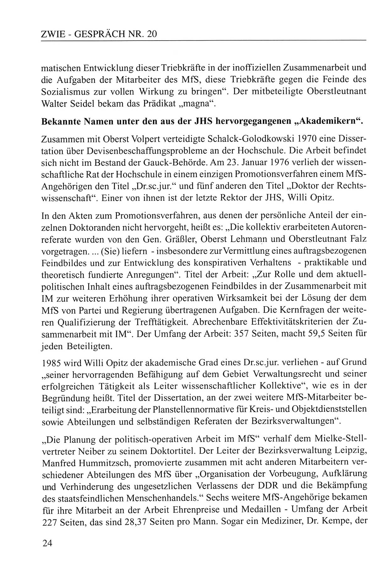 Zwie-Gespräch, Beiträge zum Umgang mit der Staatssicherheits-Vergangenheit [Deutsche Demokratische Republik (DDR)], Ausgabe Nr. 20, Berlin 1994, Seite 24 (Zwie-Gespr. Ausg. 20 1994, S. 24)