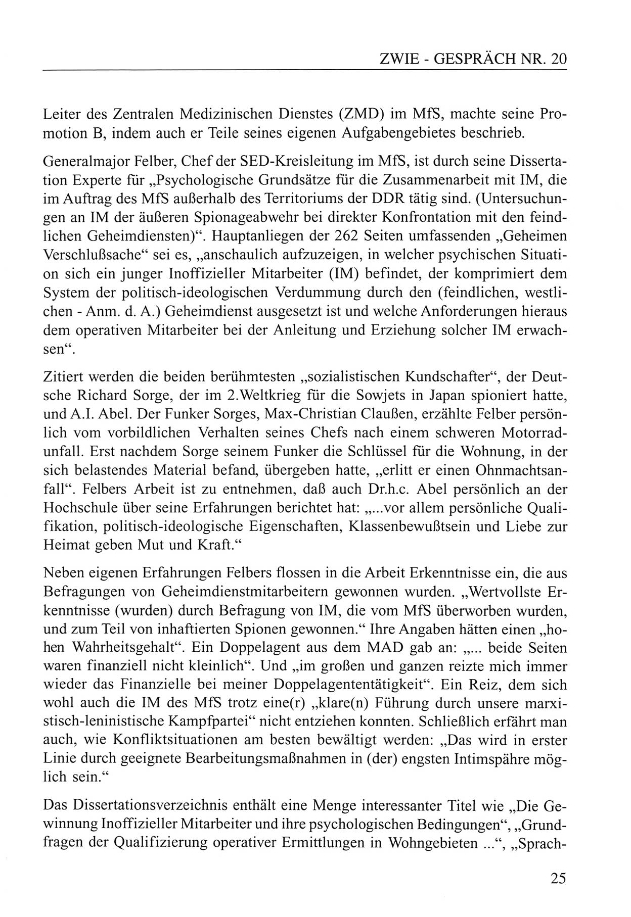 Zwie-Gespräch, Beiträge zum Umgang mit der Staatssicherheits-Vergangenheit [Deutsche Demokratische Republik (DDR)], Ausgabe Nr. 20, Berlin 1994, Seite 25 (Zwie-Gespr. Ausg. 20 1994, S. 25)