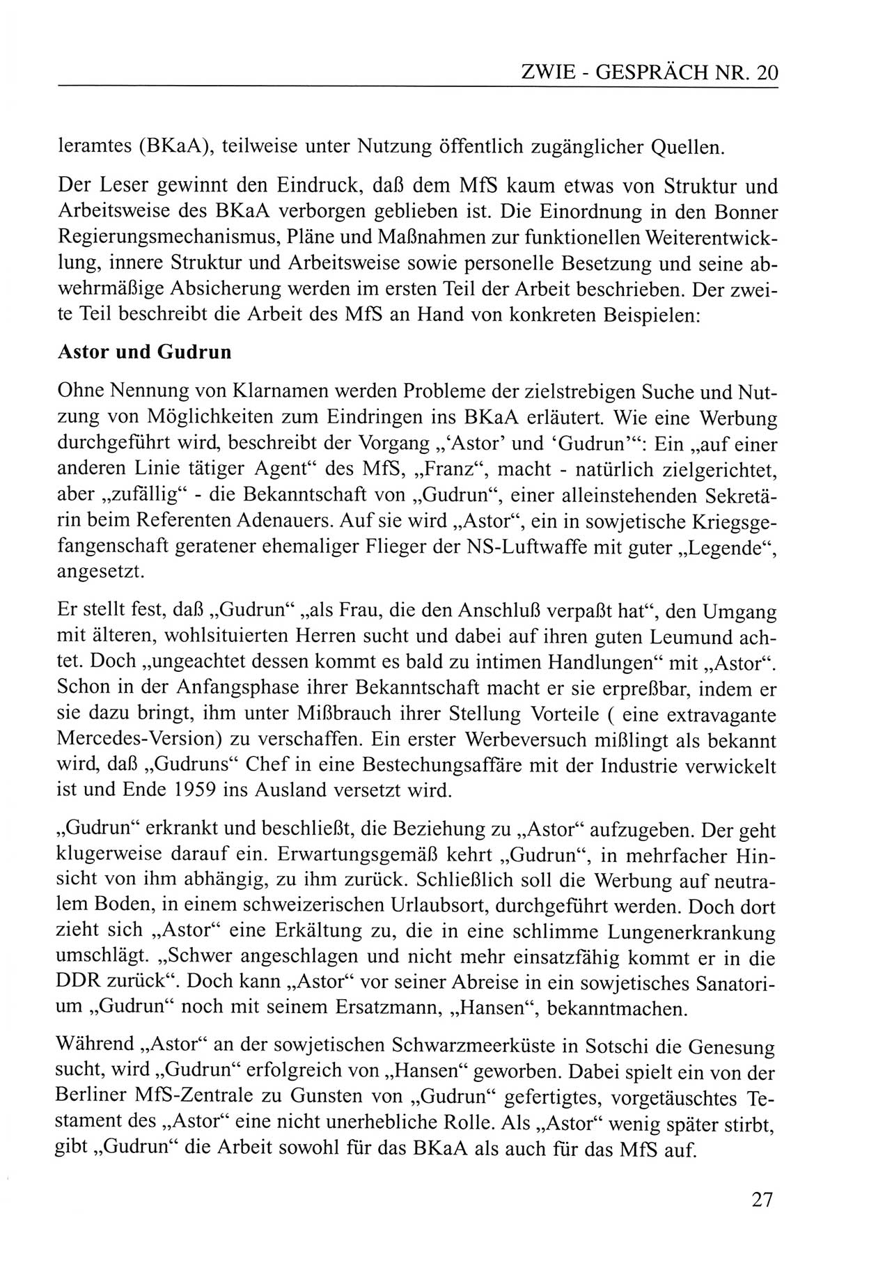 Zwie-Gespräch, Beiträge zum Umgang mit der Staatssicherheits-Vergangenheit [Deutsche Demokratische Republik (DDR)], Ausgabe Nr. 20, Berlin 1994, Seite 27 (Zwie-Gespr. Ausg. 20 1994, S. 27)