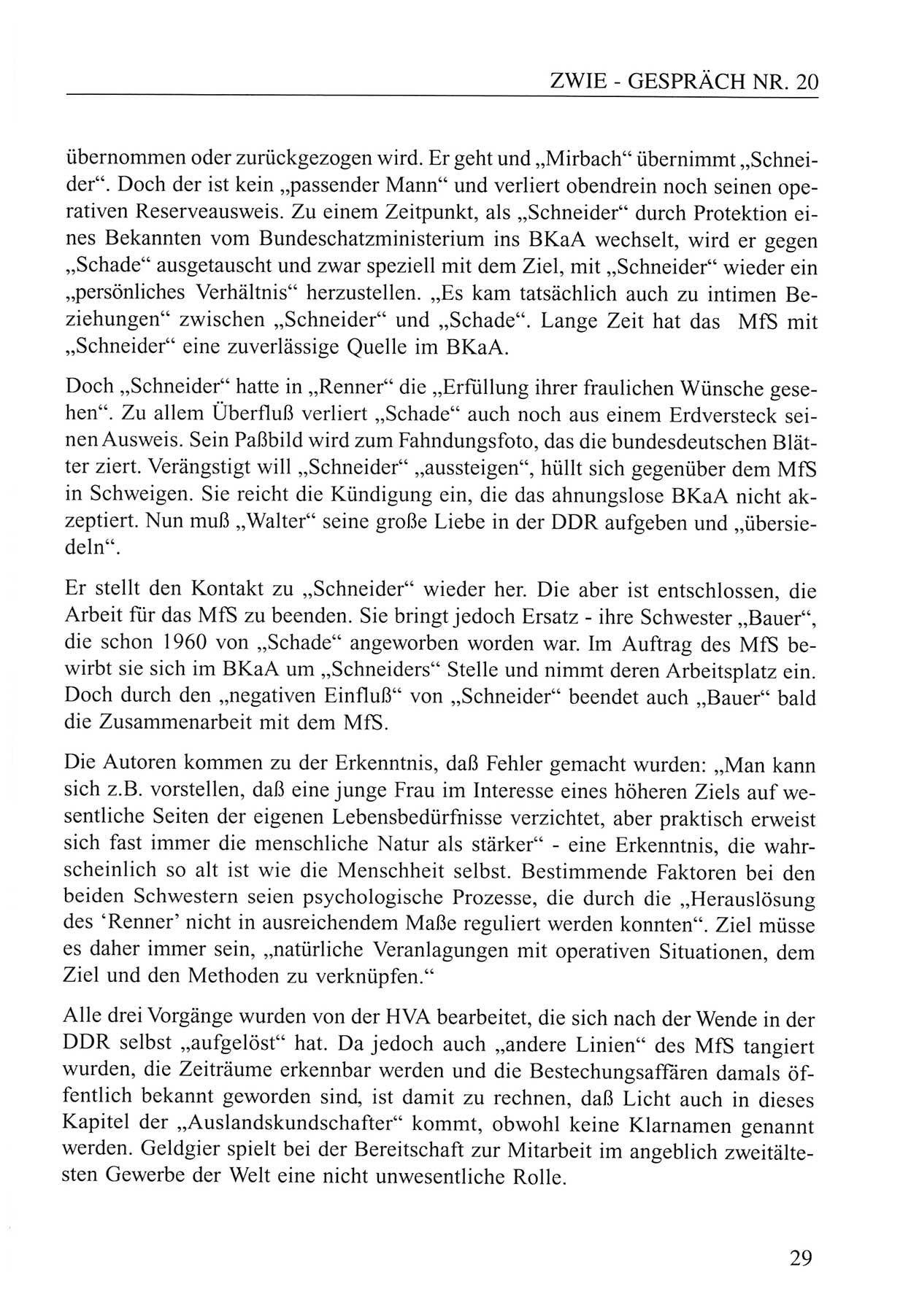 Zwie-Gespräch, Beiträge zum Umgang mit der Staatssicherheits-Vergangenheit [Deutsche Demokratische Republik (DDR)], Ausgabe Nr. 20, Berlin 1994, Seite 29 (Zwie-Gespr. Ausg. 20 1994, S. 29)