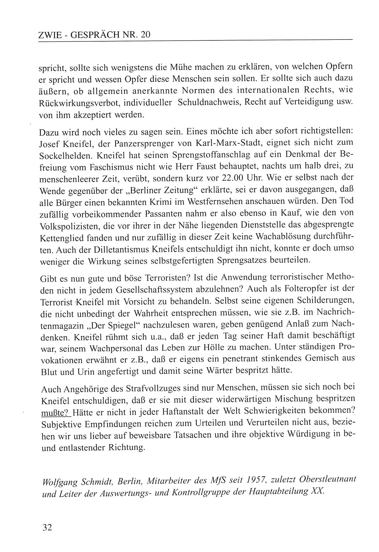 Zwie-Gespräch, Beiträge zum Umgang mit der Staatssicherheits-Vergangenheit [Deutsche Demokratische Republik (DDR)], Ausgabe Nr. 20, Berlin 1994, Seite 32 (Zwie-Gespr. Ausg. 20 1994, S. 32)