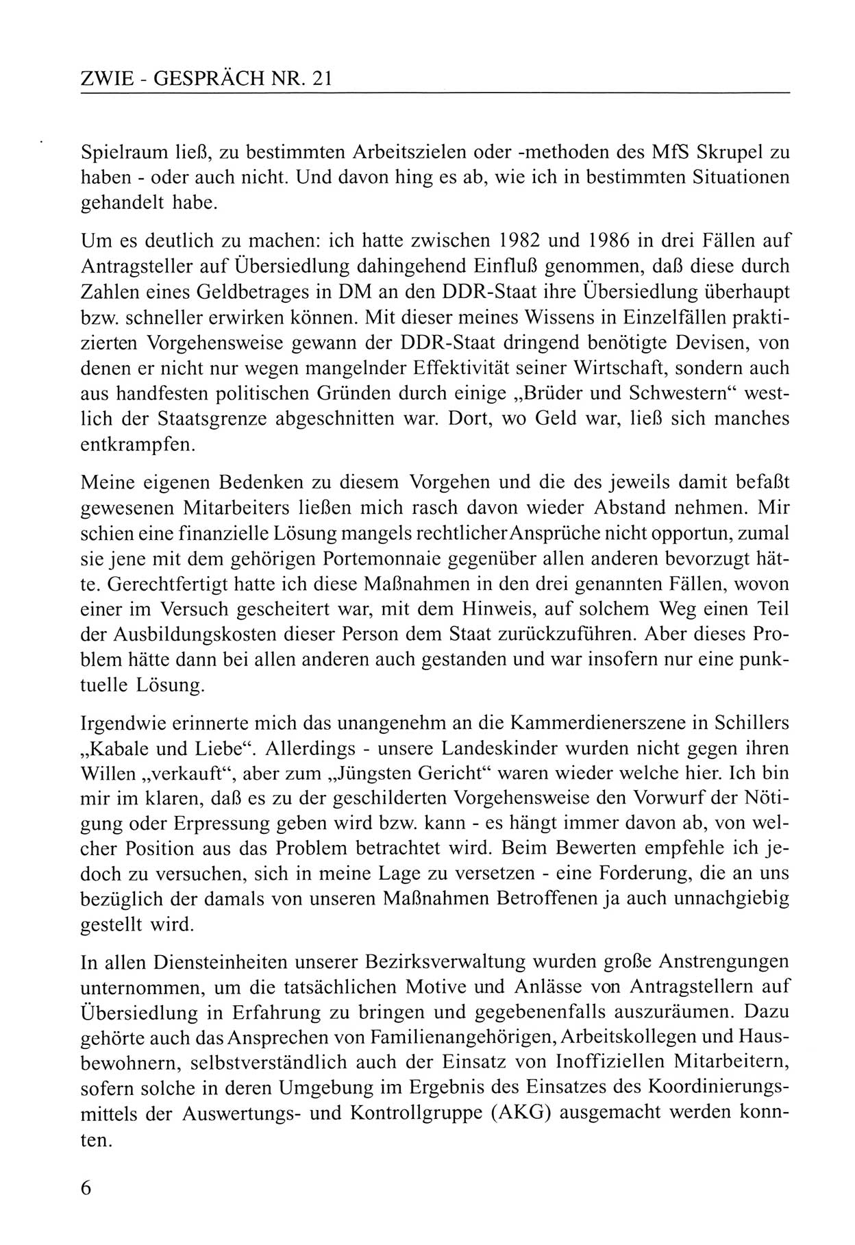 Zwie-Gespräch, Beiträge zum Umgang mit der Staatssicherheits-Vergangenheit [Deutsche Demokratische Republik (DDR)], Ausgabe Nr. 21, Berlin 1994, Seite 6 (Zwie-Gespr. Ausg. 21 1994, S. 6)