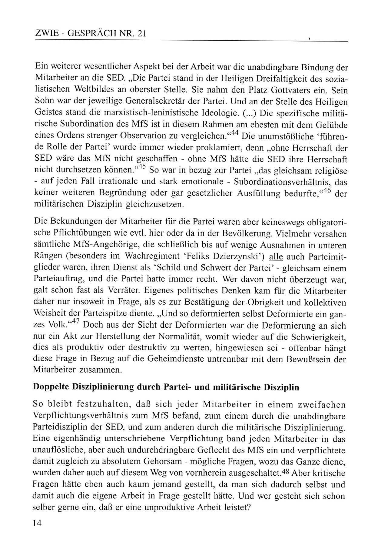 Zwie-Gespräch, Beiträge zum Umgang mit der Staatssicherheits-Vergangenheit [Deutsche Demokratische Republik (DDR)], Ausgabe Nr. 21, Berlin 1994, Seite 14 (Zwie-Gespr. Ausg. 21 1994, S. 14)