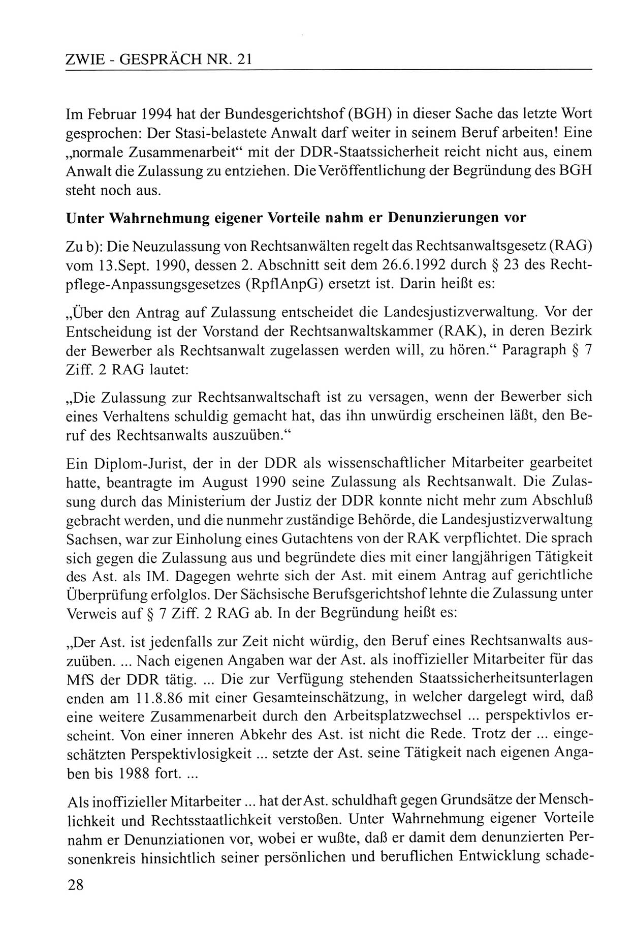 Zwie-Gespräch, Beiträge zum Umgang mit der Staatssicherheits-Vergangenheit [Deutsche Demokratische Republik (DDR)], Ausgabe Nr. 21, Berlin 1994, Seite 28 (Zwie-Gespr. Ausg. 21 1994, S. 28)