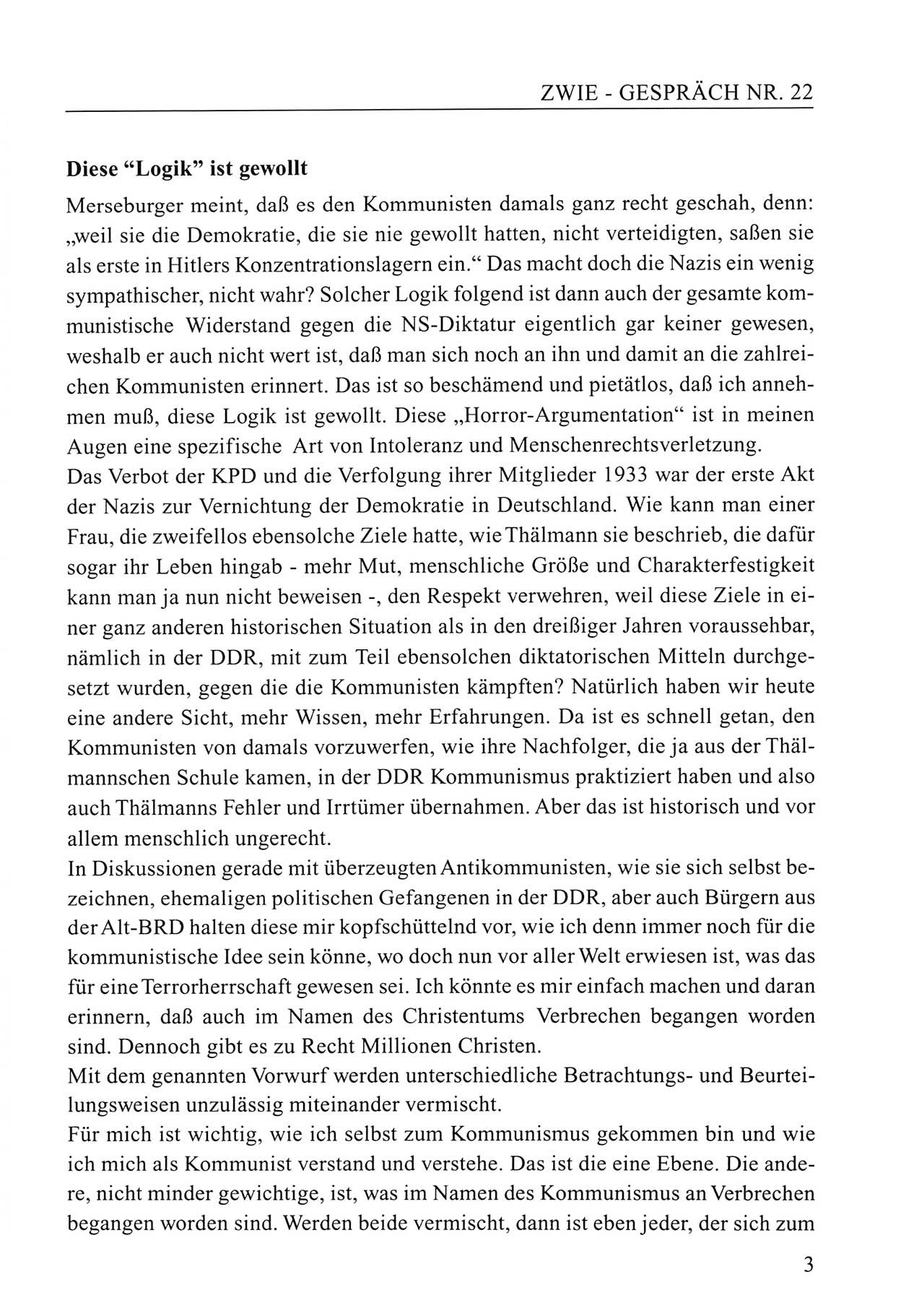 Zwie-Gespräch, Beiträge zum Umgang mit der Staatssicherheits-Vergangenheit [Deutsche Demokratische Republik (DDR)], Ausgabe Nr. 22, Berlin 1994, Seite 3 (Zwie-Gespr. Ausg. 22 1994, S. 3)