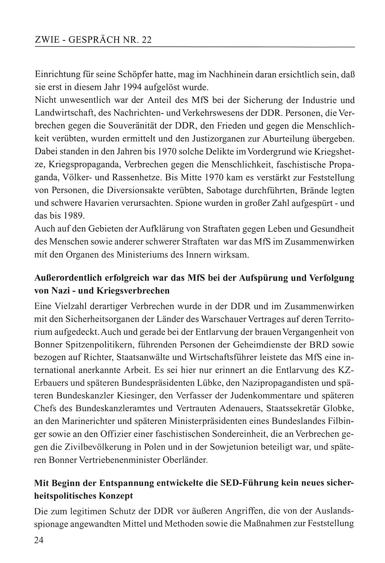 Zwie-Gespräch, Beiträge zum Umgang mit der Staatssicherheits-Vergangenheit [Deutsche Demokratische Republik (DDR)], Ausgabe Nr. 22, Berlin 1994, Seite 24 (Zwie-Gespr. Ausg. 22 1994, S. 24)