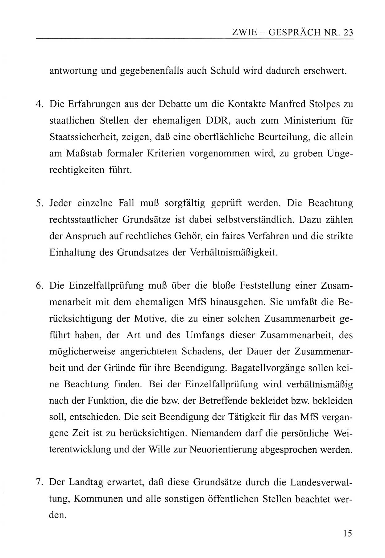 Zwie-Gespräch, Beiträge zum Umgang mit der Staatssicherheits-Vergangenheit [Deutsche Demokratische Republik (DDR)], Ausgabe Nr. 23, Berlin 1994, Seite 15 (Zwie-Gespr. Ausg. 23 1994, S. 15)