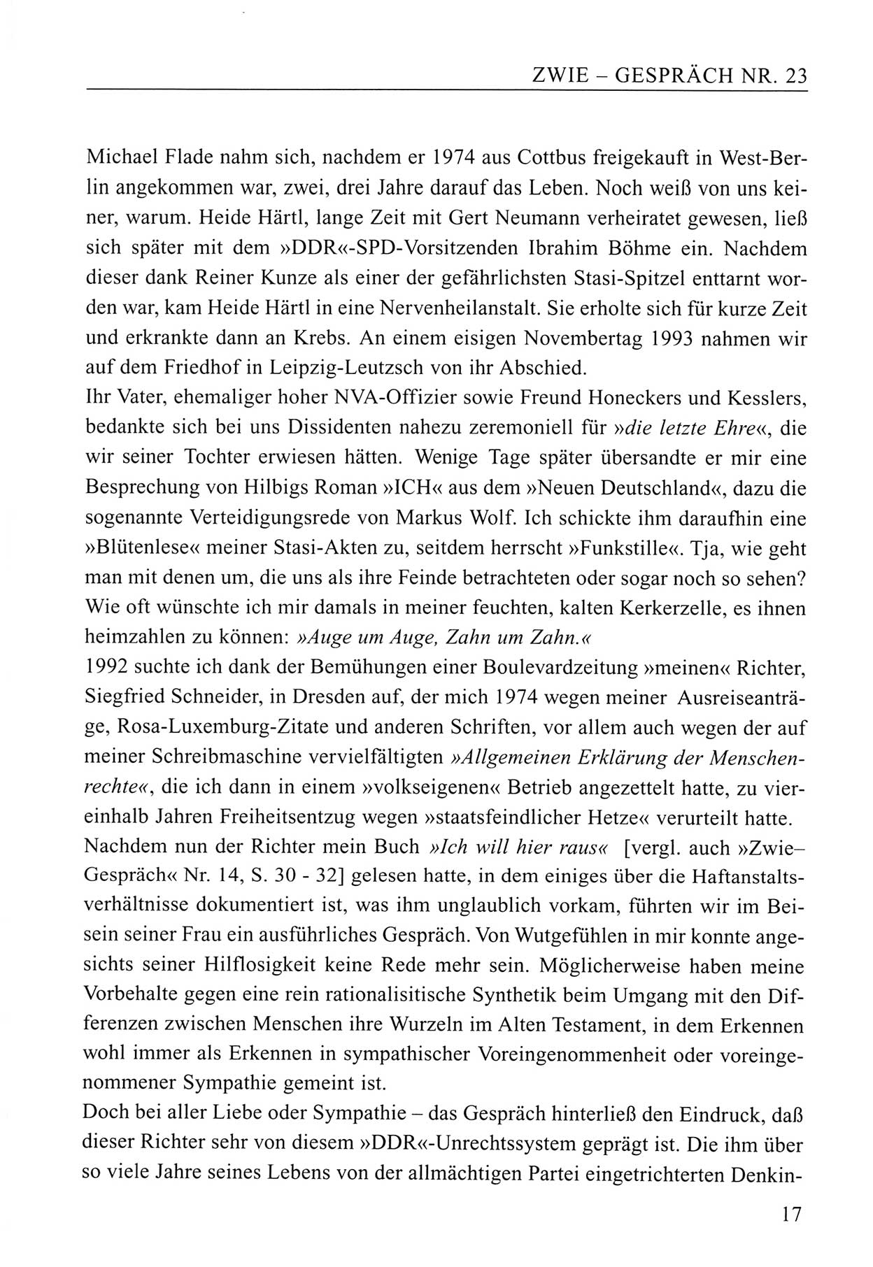 Zwie-Gespräch, Beiträge zum Umgang mit der Staatssicherheits-Vergangenheit [Deutsche Demokratische Republik (DDR)], Ausgabe Nr. 23, Berlin 1994, Seite 17 (Zwie-Gespr. Ausg. 23 1994, S. 17)