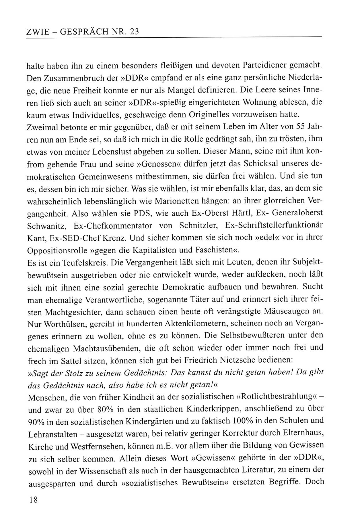 Zwie-Gespräch, Beiträge zum Umgang mit der Staatssicherheits-Vergangenheit [Deutsche Demokratische Republik (DDR)], Ausgabe Nr. 23, Berlin 1994, Seite 18 (Zwie-Gespr. Ausg. 23 1994, S. 18)
