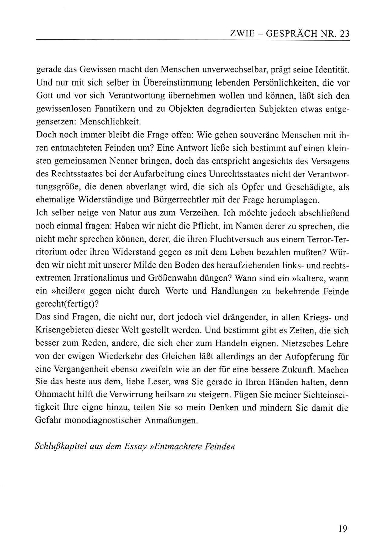 Zwie-Gespräch, Beiträge zum Umgang mit der Staatssicherheits-Vergangenheit [Deutsche Demokratische Republik (DDR)], Ausgabe Nr. 23, Berlin 1994, Seite 19 (Zwie-Gespr. Ausg. 23 1994, S. 19)