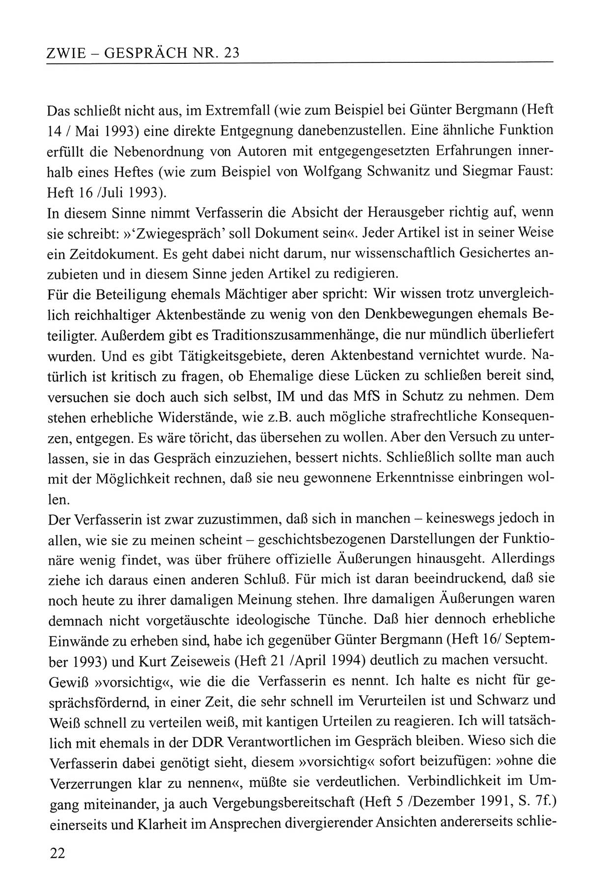 Zwie-Gespräch, Beiträge zum Umgang mit der Staatssicherheits-Vergangenheit [Deutsche Demokratische Republik (DDR)], Ausgabe Nr. 23, Berlin 1994, Seite 22 (Zwie-Gespr. Ausg. 23 1994, S. 22)