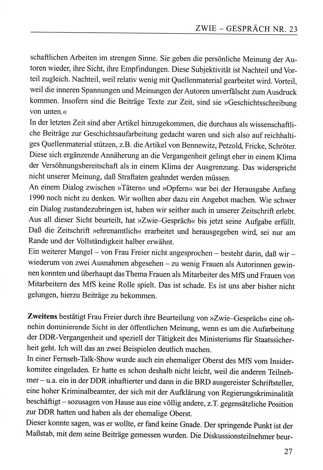 Zwie-Gespräch, Beiträge zum Umgang mit der Staatssicherheits-Vergangenheit [Deutsche Demokratische Republik (DDR)], Ausgabe Nr. 23, Berlin 1994, Seite 27 (Zwie-Gespr. Ausg. 23 1994, S. 27)