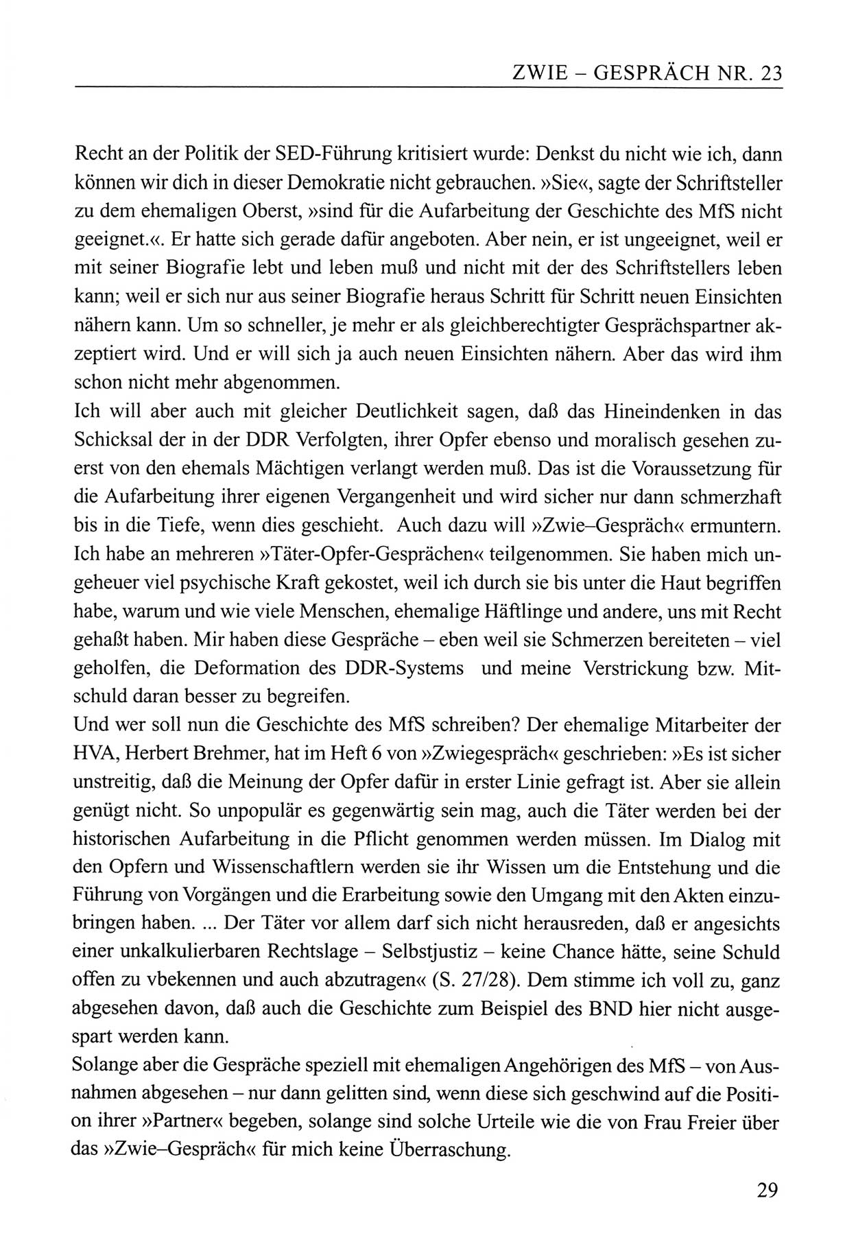 Zwie-Gespräch, Beiträge zum Umgang mit der Staatssicherheits-Vergangenheit [Deutsche Demokratische Republik (DDR)], Ausgabe Nr. 23, Berlin 1994, Seite 29 (Zwie-Gespr. Ausg. 23 1994, S. 29)