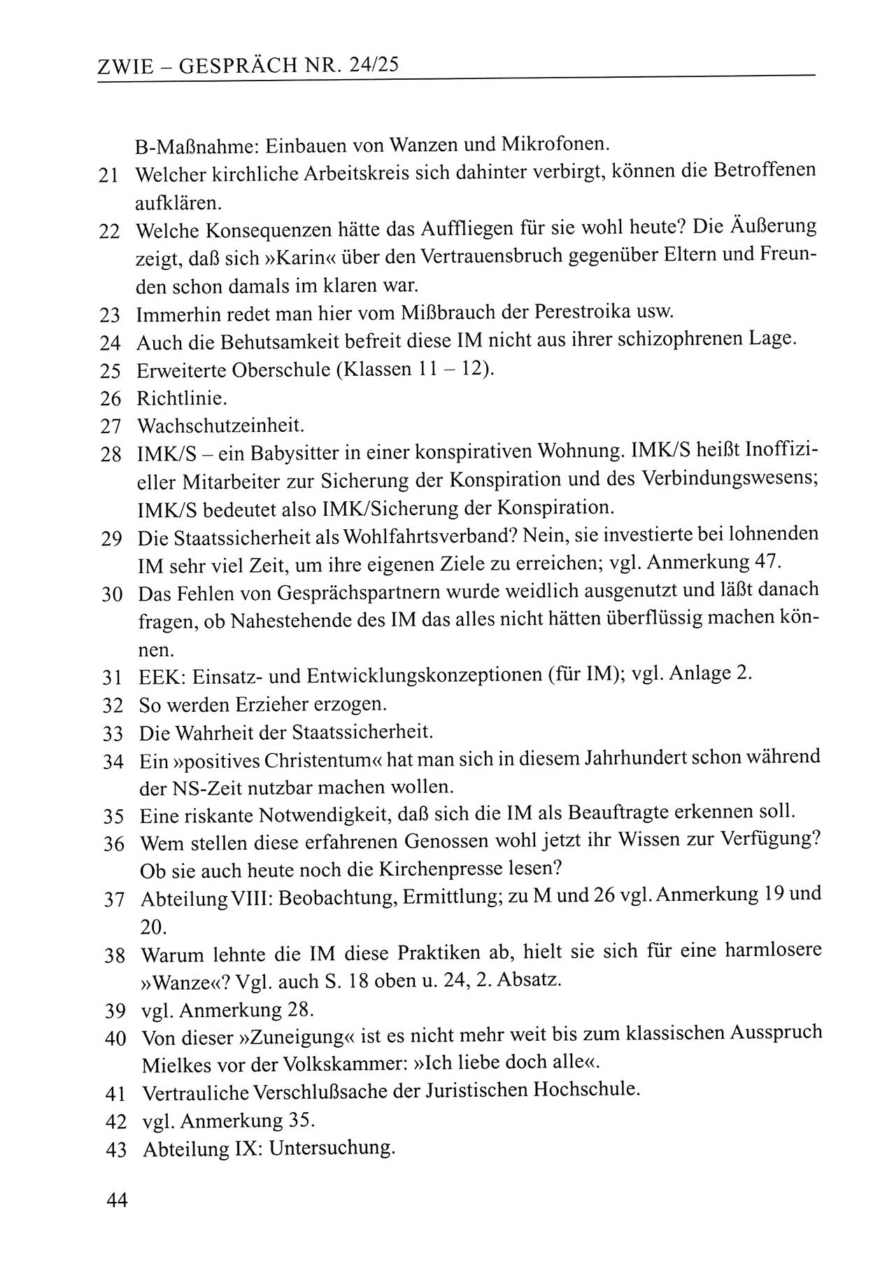 Zwie-Gespräch, Beiträge zum Umgang mit der Staatssicherheits-Vergangenheit [Deutsche Demokratische Republik (DDR)], Ausgabe Nr. 24/25, Berlin 1994, Seite 44 (Zwie-Gespr. Ausg. 24/25 1994, S. 44)