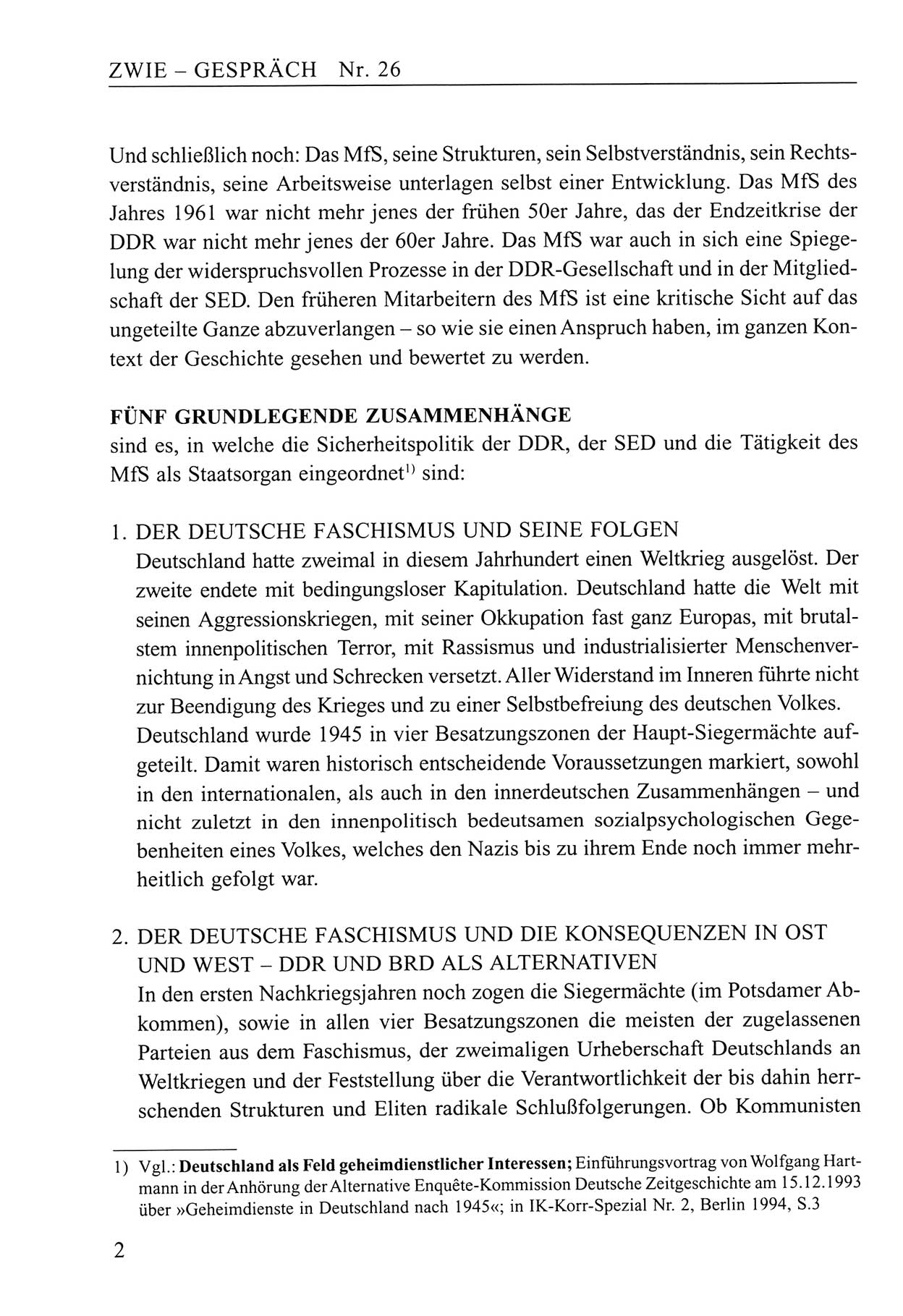 Zwie-Gespräch, Beiträge zum Umgang mit der Staatssicherheits-Vergangenheit [Deutsche Demokratische Republik (DDR)], Ausgabe Nr. 26, Berlin 1995, Seite 2 (Zwie-Gespr. Ausg. 26 1995, S. 2)