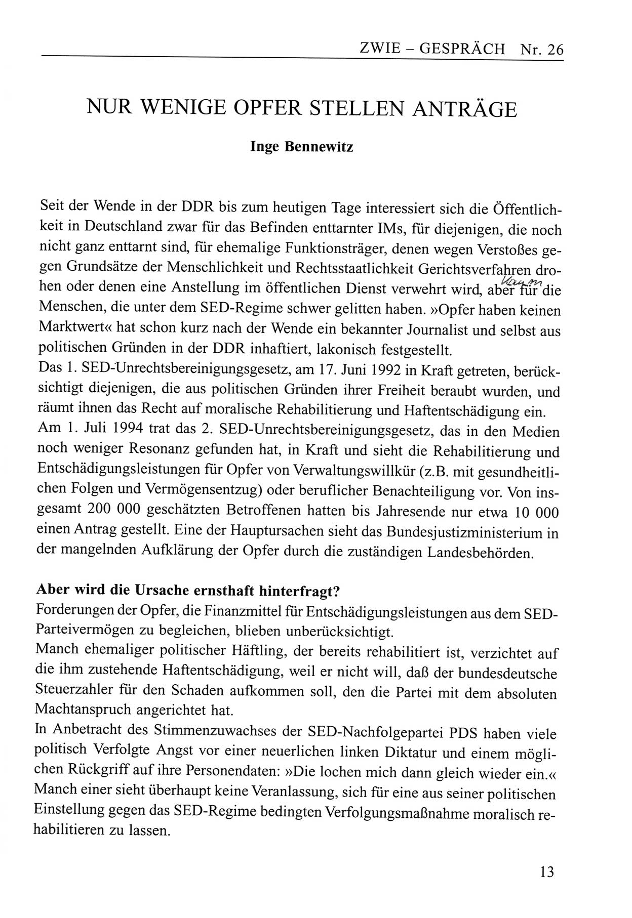 Zwie-GesprÃ¤ch, BeitrÃ¤ge zum Umgang mit der Staatssicherheits-Vergangenheit [Deutsche Demokratische Republik (DDR)], Ausgabe Nr. 26, Berlin 1995, Seite 13 (Zwie-Gespr. Ausg. 26 1995, S. 13)