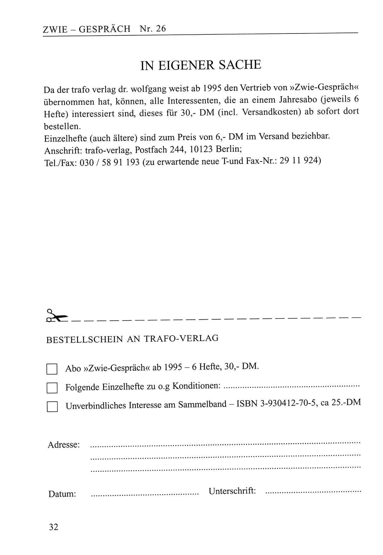 Zwie-Gespräch, Beiträge zum Umgang mit der Staatssicherheits-Vergangenheit [Deutsche Demokratische Republik (DDR)], Ausgabe Nr. 26, Berlin 1995, Seite 32 (Zwie-Gespr. Ausg. 26 1995, S. 32)