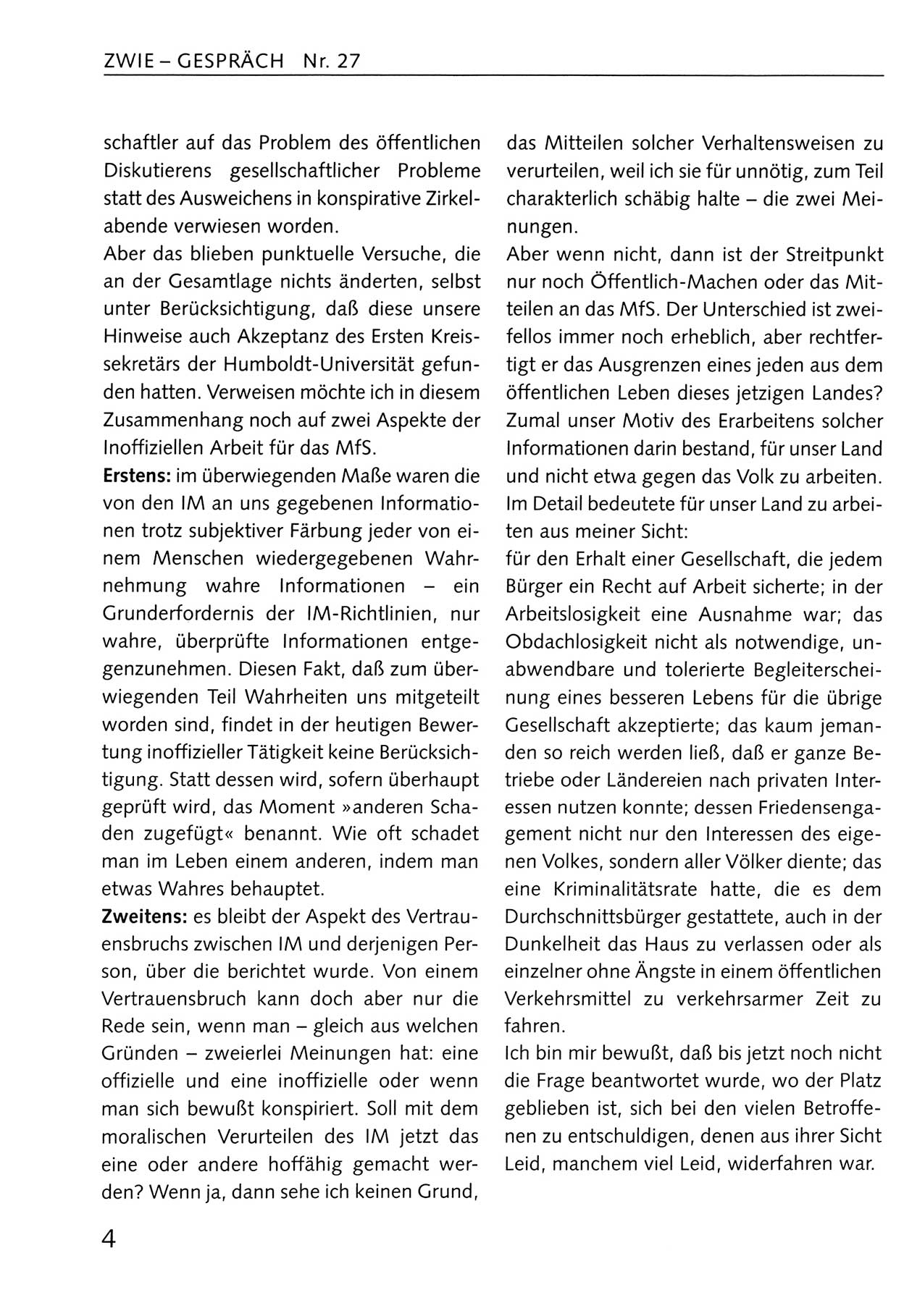 Zwie-Gespräch, Beiträge zum Umgang mit der Staatssicherheits-Vergangenheit [Deutsche Demokratische Republik (DDR)], Ausgabe Nr. 27, Berlin 1995, Seite 4 (Zwie-Gespr. Ausg. 27 1995, S. 4)