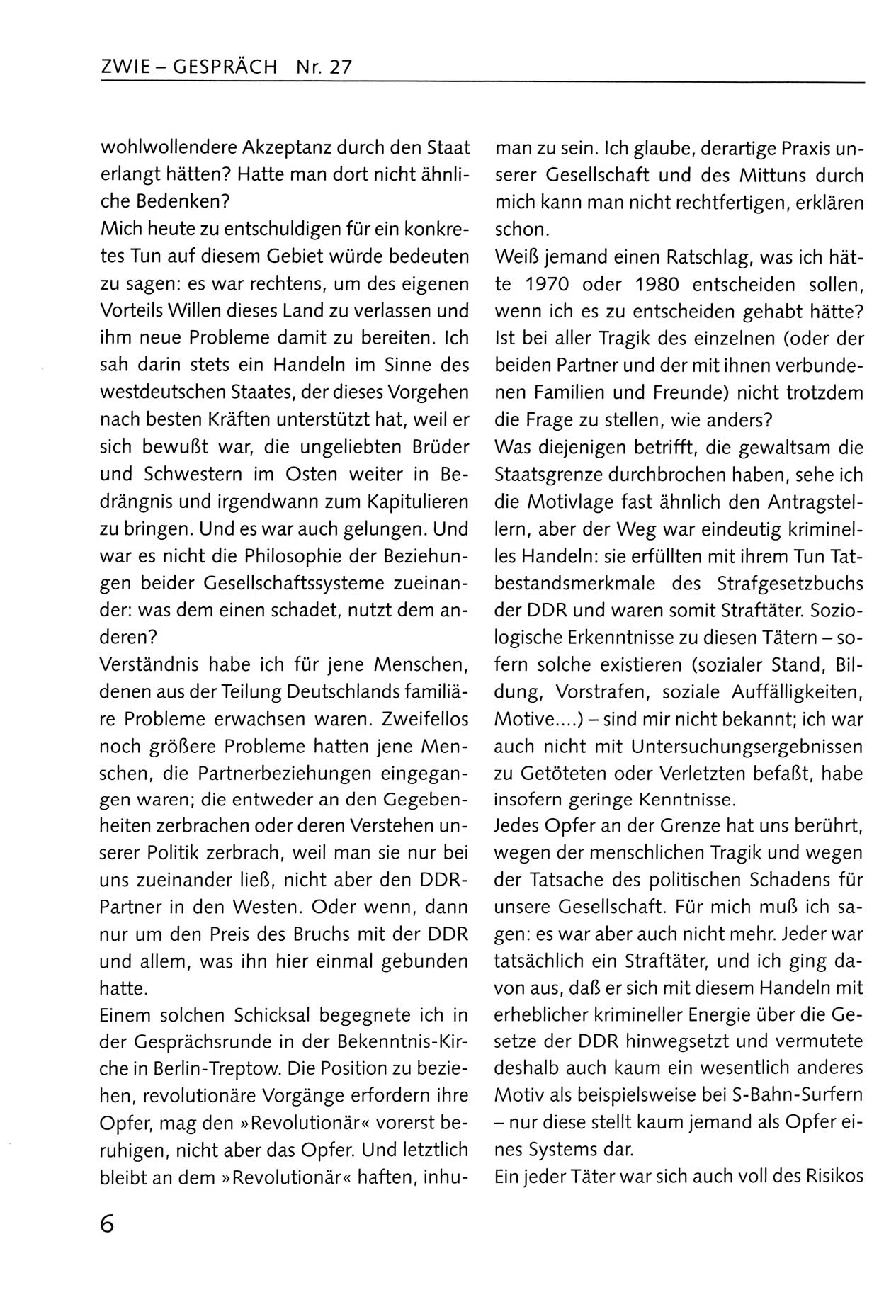 Zwie-Gespräch, Beiträge zum Umgang mit der Staatssicherheits-Vergangenheit [Deutsche Demokratische Republik (DDR)], Ausgabe Nr. 27, Berlin 1995, Seite 6 (Zwie-Gespr. Ausg. 27 1995, S. 6)