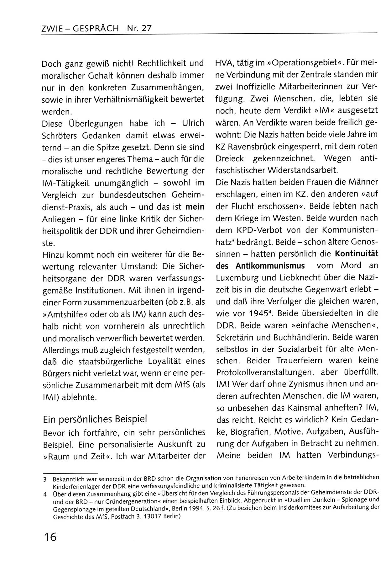 Zwie-Gespräch, Beiträge zum Umgang mit der Staatssicherheits-Vergangenheit [Deutsche Demokratische Republik (DDR)], Ausgabe Nr. 27, Berlin 1995, Seite 16 (Zwie-Gespr. Ausg. 27 1995, S. 16)