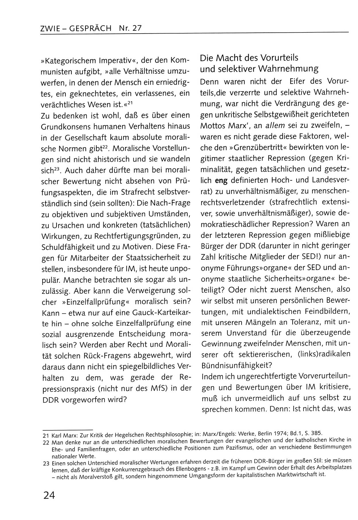 Zwie-Gespräch, Beiträge zum Umgang mit der Staatssicherheits-Vergangenheit [Deutsche Demokratische Republik (DDR)], Ausgabe Nr. 27, Berlin 1995, Seite 24 (Zwie-Gespr. Ausg. 27 1995, S. 24)