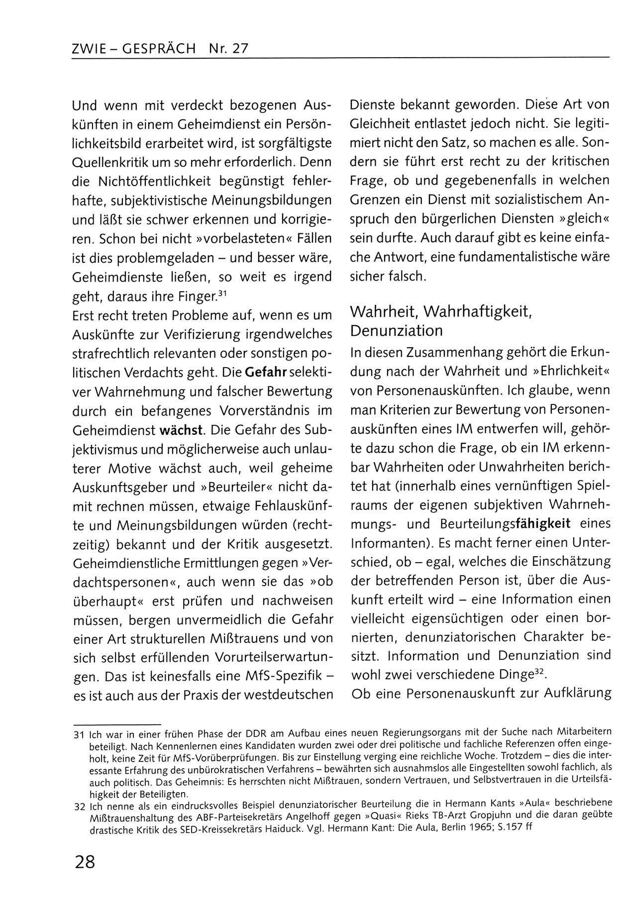 Zwie-Gespräch, Beiträge zum Umgang mit der Staatssicherheits-Vergangenheit [Deutsche Demokratische Republik (DDR)], Ausgabe Nr. 27, Berlin 1995, Seite 28 (Zwie-Gespr. Ausg. 27 1995, S. 28)