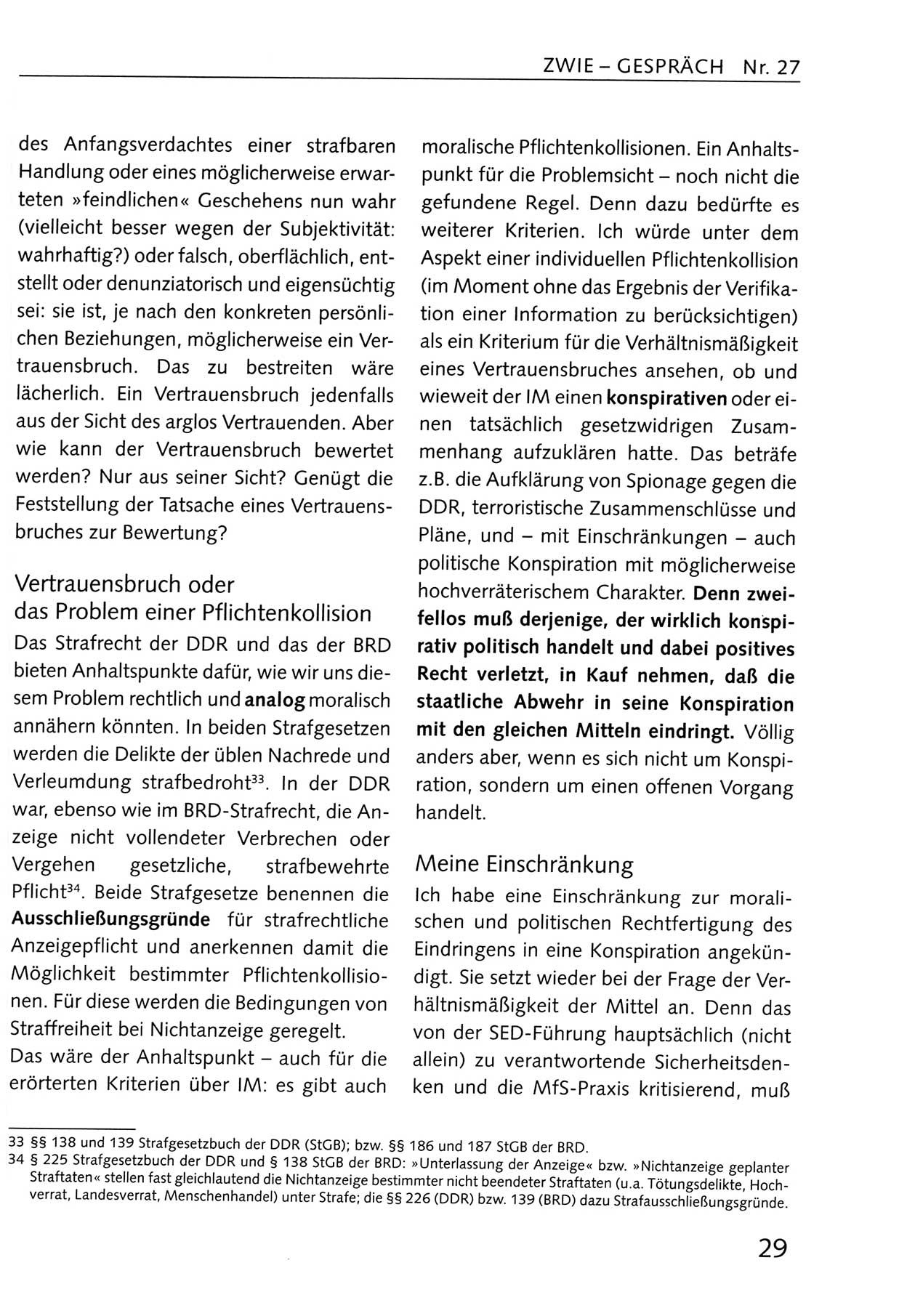 Zwie-Gespräch, Beiträge zum Umgang mit der Staatssicherheits-Vergangenheit [Deutsche Demokratische Republik (DDR)], Ausgabe Nr. 27, Berlin 1995, Seite 29 (Zwie-Gespr. Ausg. 27 1995, S. 29)